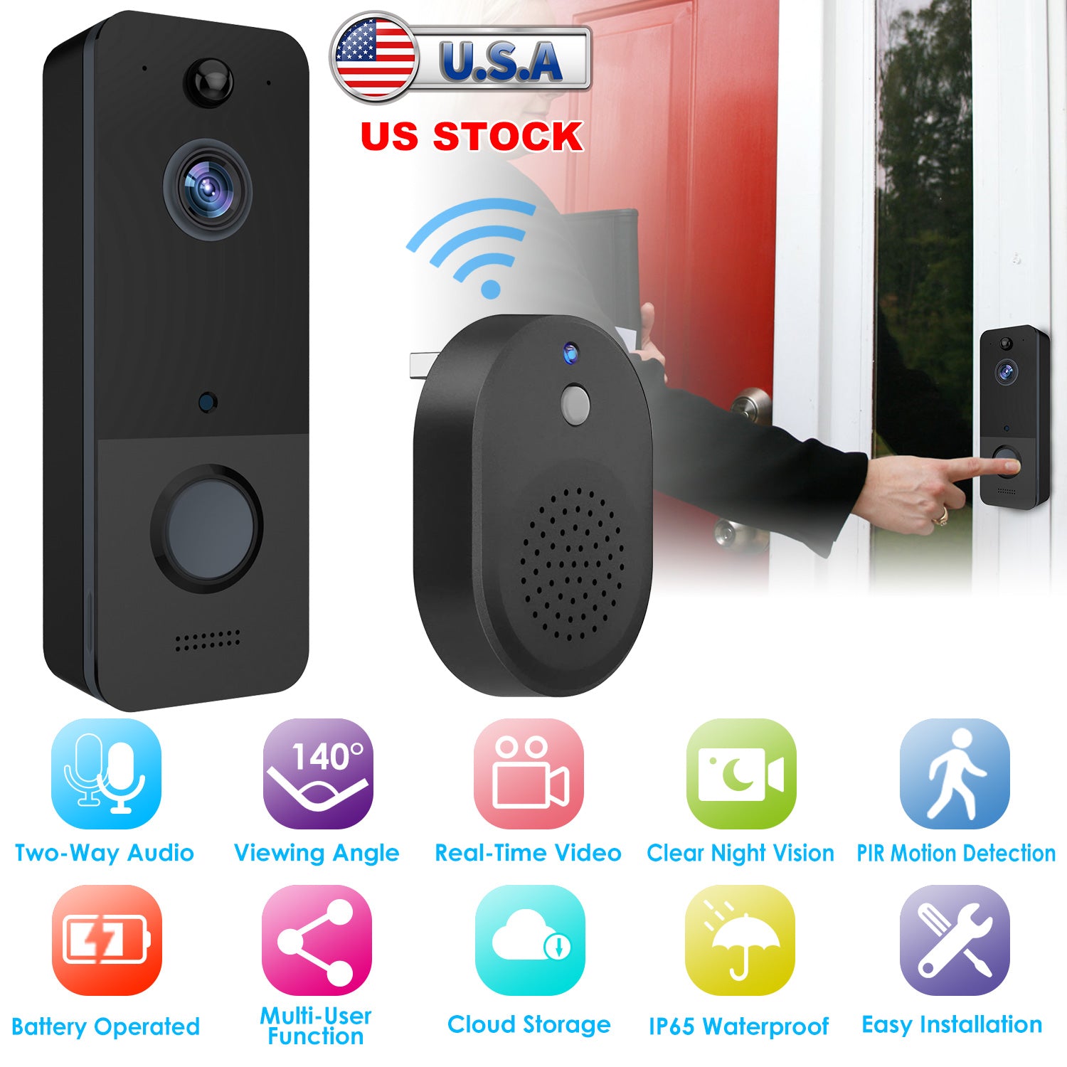 Wireless Smart Wi-Fi Video Doorbell Security Phone Door Ring Intercom Camera Two Way Audio Night Vision 720P Motion Detection Battery Operated