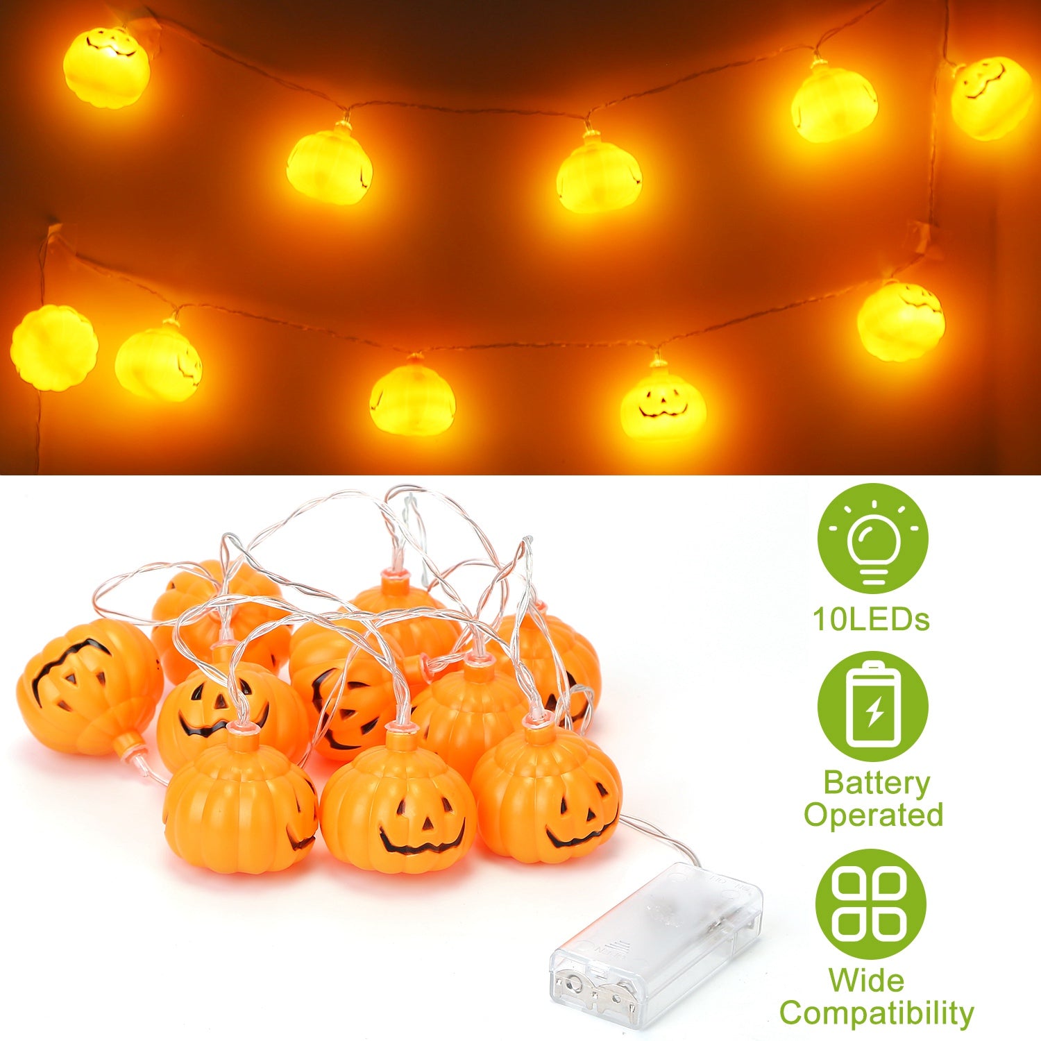 Halloween String Lights 59IN Total Length Pumpkin LED Lamps Battery Powered Decorative Holiday Lights For Indoor Decor