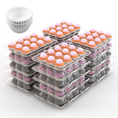 12 Count 20 Sets Clear Cupcake Boxes Disposable Cupcake Containers Stackable Cupcake Carrier Holders with 240 Liners High Dome Lid 