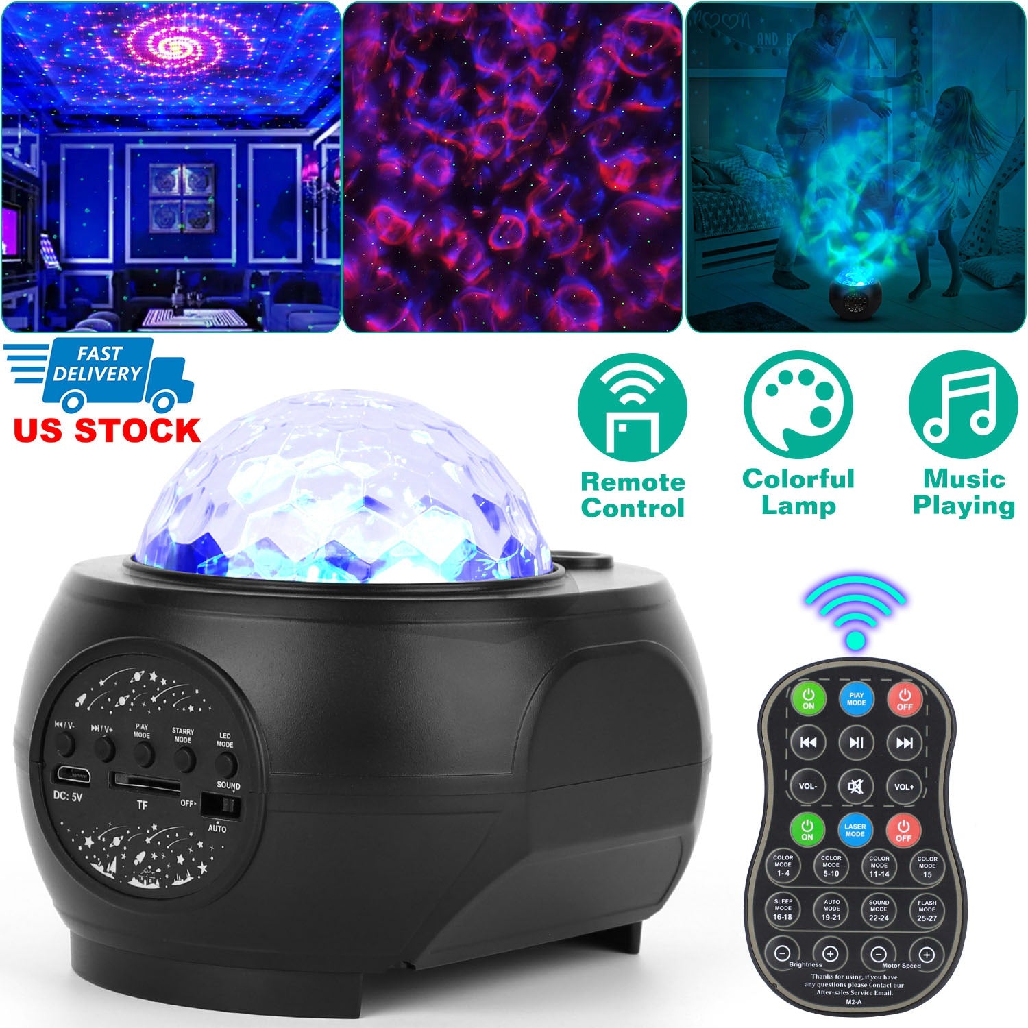 Galaxy Star Projector LED Sky Night Lamp USB Ocean Wave Star Light with Remote Control Wireless Music Speaker for Ceiling Bedroom 