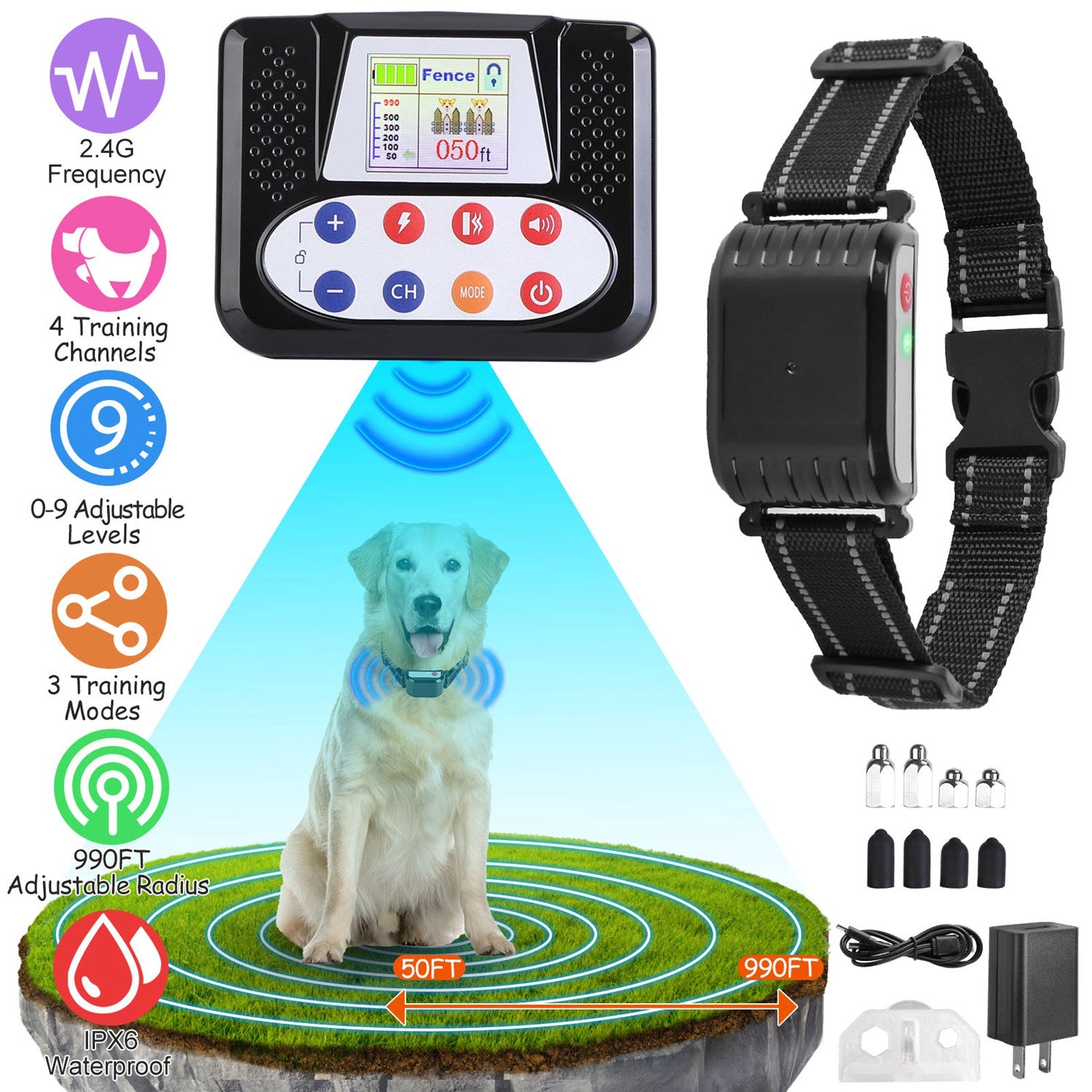 990FT Range Dog Wireless Fence Remote Training Collar IPX6 Waterproof Receiver with 0-9 Levels Beep Vibration Shock Mode 4 Channels Rechargeable Trans