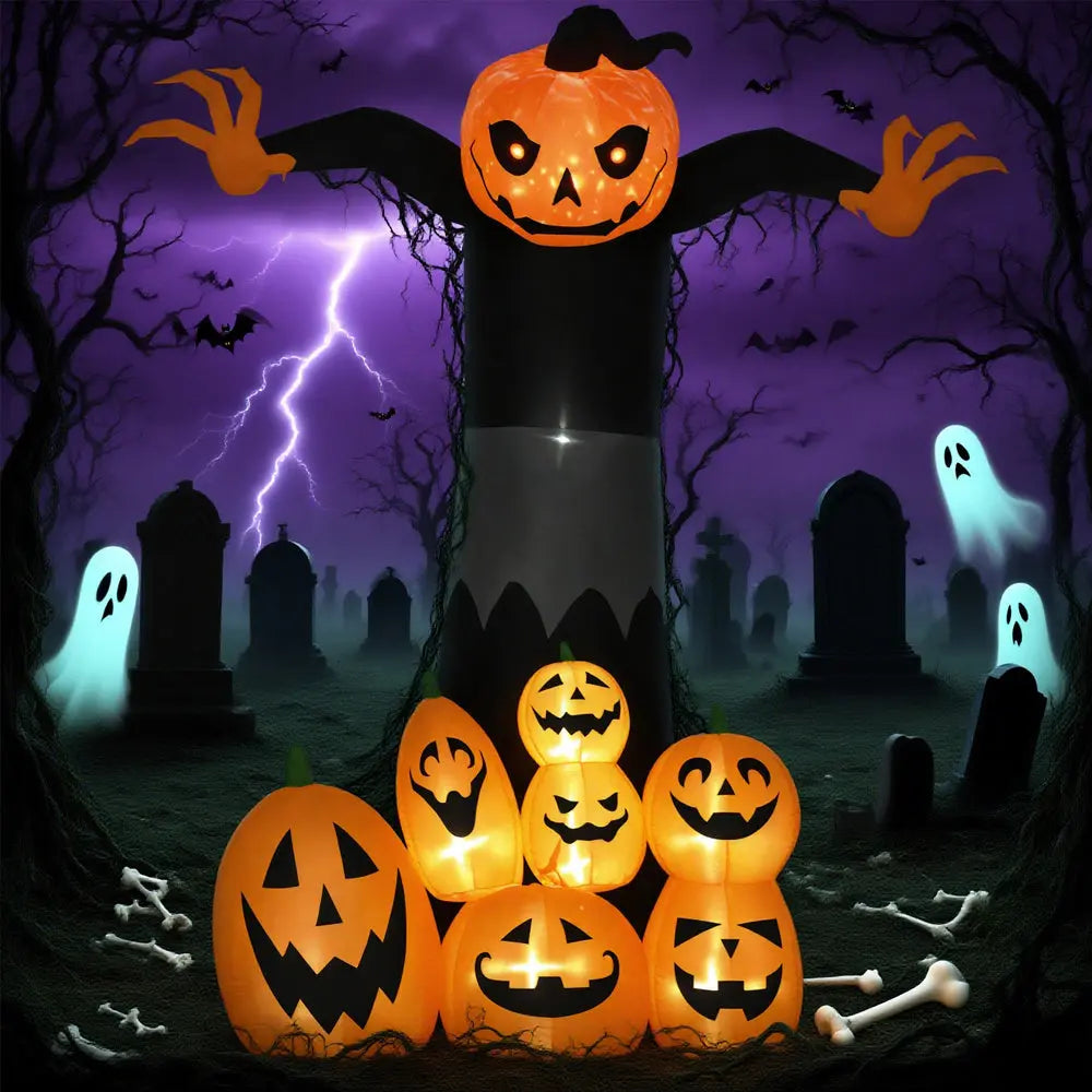 9ft Halloween Inflatables Outdoor Decorations, Pumpkin Ghost With Pumpkin Patch, Outdoor Giant Blow Up Yard Decor With Build-in LED For Garden, Lawn, Party, Holiday 