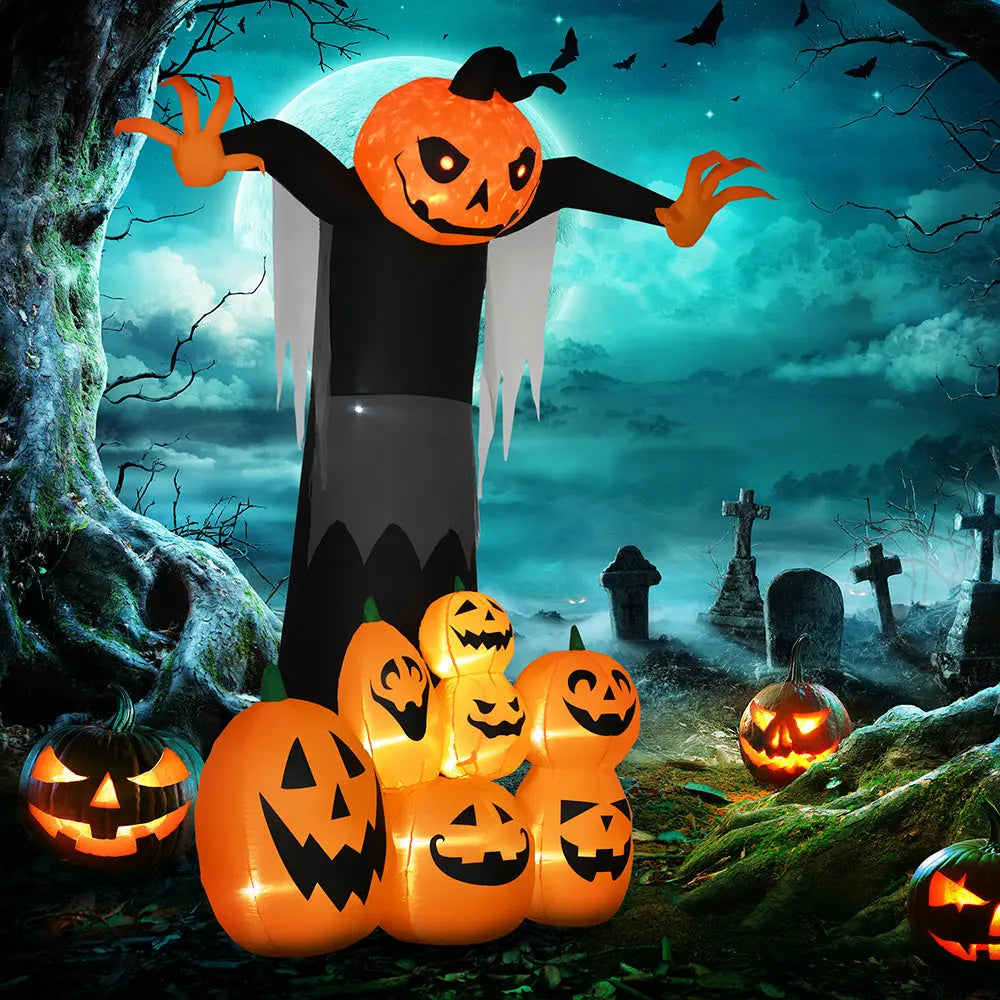9ft Halloween Inflatables Outdoor Decorations, Pumpkin Ghost With Pumpkin Patch, Outdoor Giant Blow Up Yard Decor With Build-in LED For Garden, Lawn, Party, Holiday 