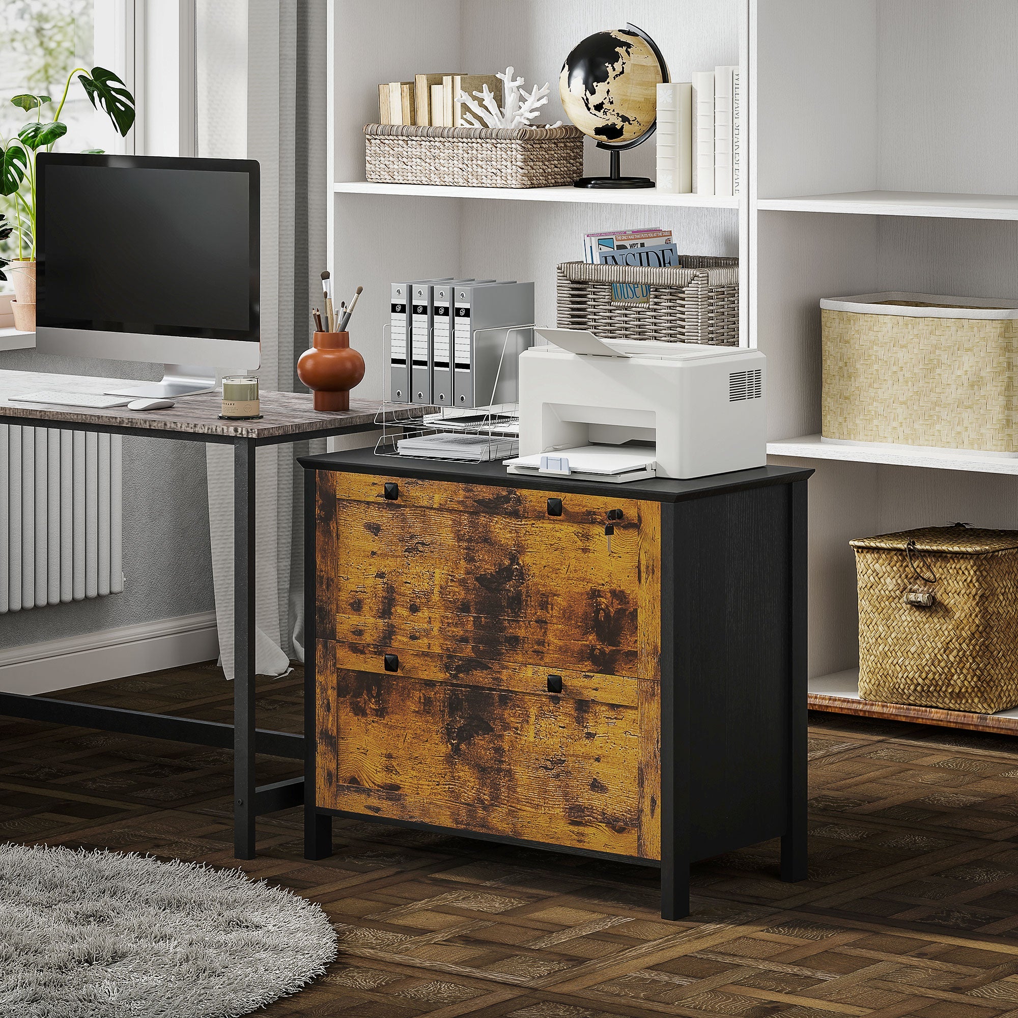 HOMCOM 2 Drawer File Cabinet, Lockable Filing Cabinet with Adjustable Hanging Bar for Letter, A4 Size, Rustic Brown 