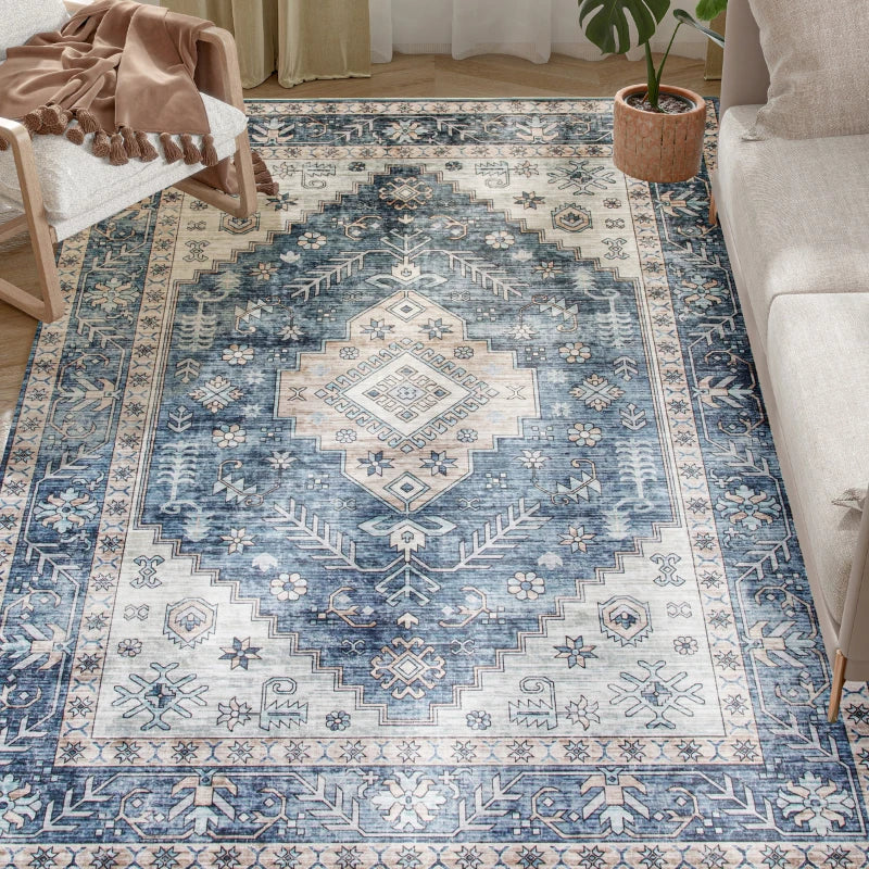 9x12 Area Rug, Vintage Machine Washable Rug, Non-Slip Floor Carpet for Living Room, Bedroom, Dining Room, Blue