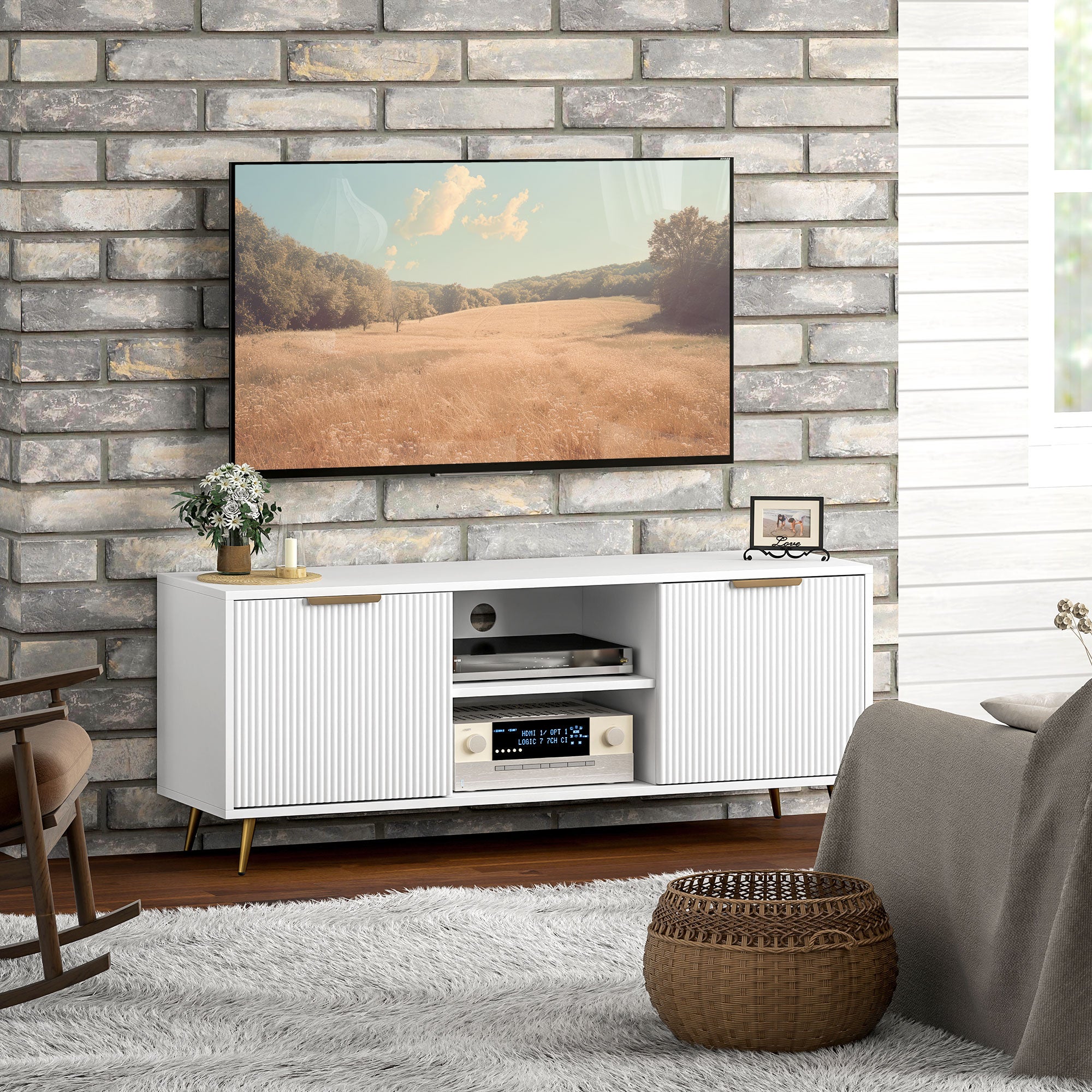 HOMCOM TV Stand with Storage for 55 Inch TV, Modern TV Cabinet with 2 Open Shelves and 2 Cabinets for Living Room, White 
