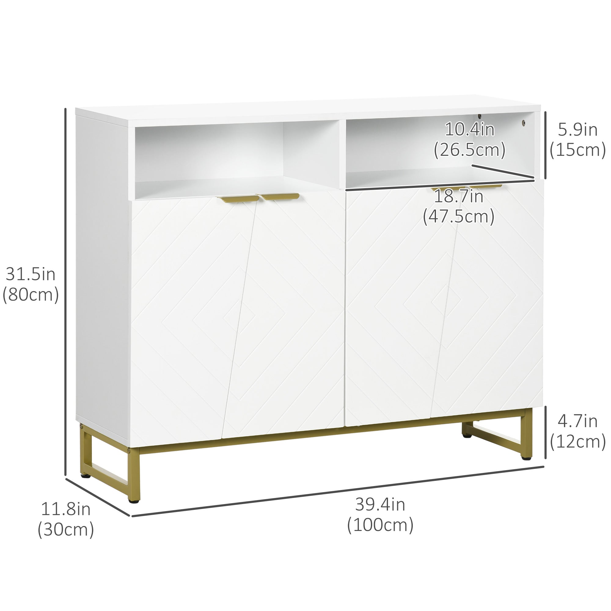 HOMCOM White Metal Base Storage Cabinet: Kitchen Sideboard Bar Cabinet with Doors and Shelves 