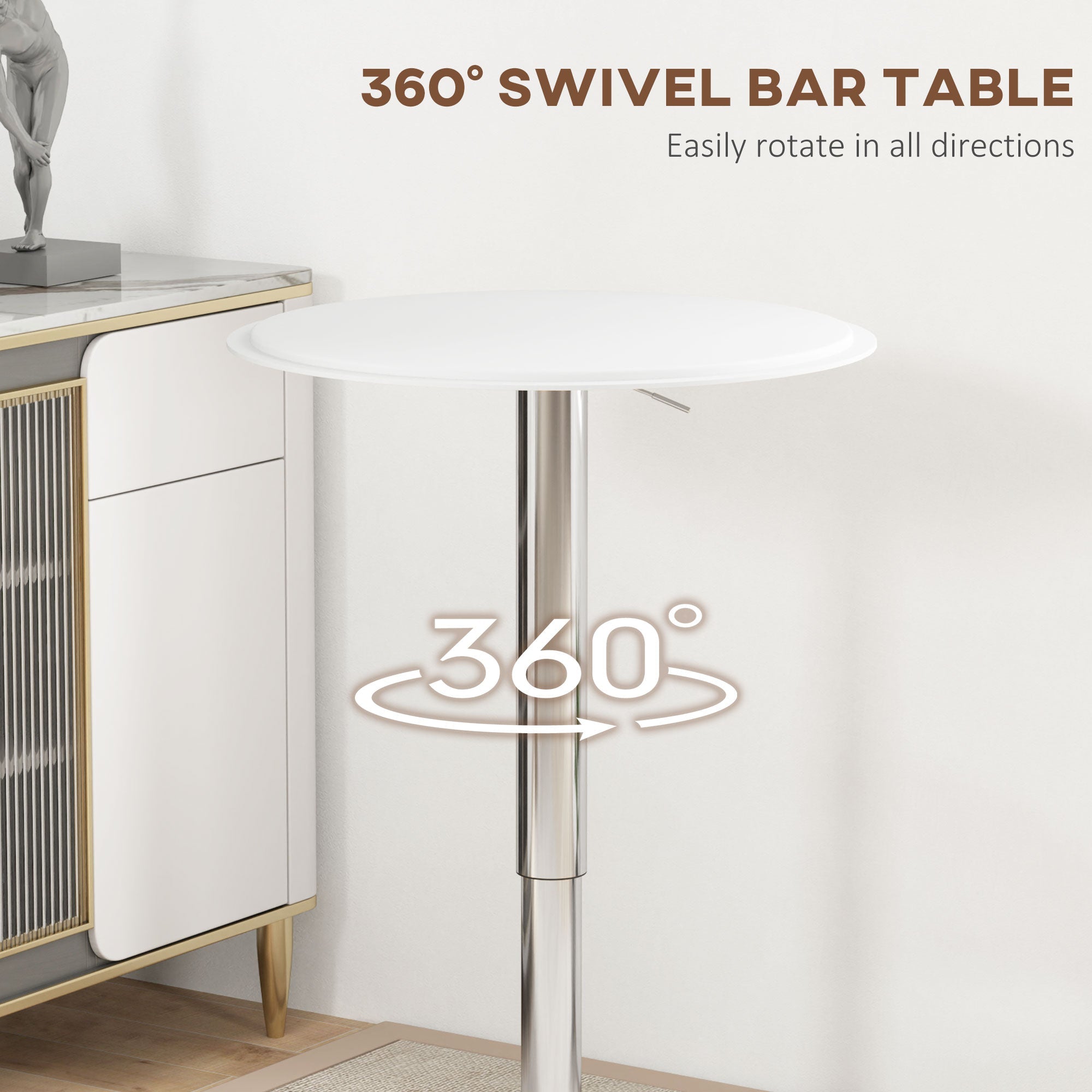 HOMCOM Adjustable Modern Round Bar Table White Faux Leather Wooden Top Chrome Base Home Pub Bistro Desk 