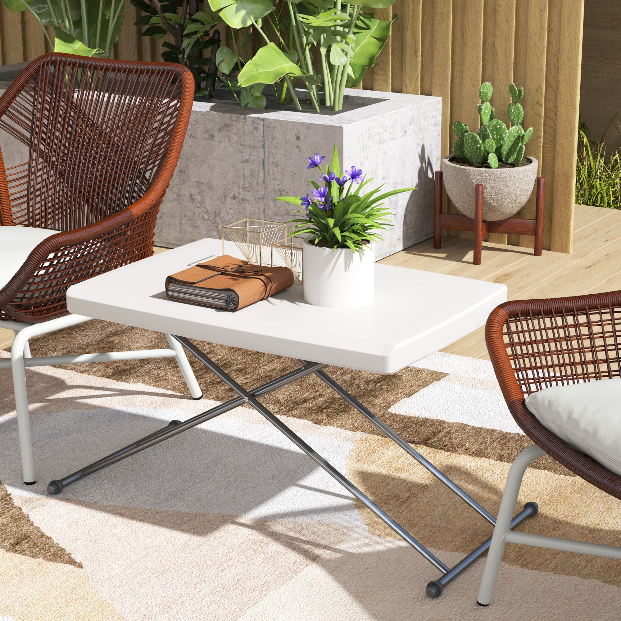 Outsunny Folding Outdoor Patio Table, 3-Level Adjustable Camping Table Picnic Table with HDPE Top, Steel Legs, White 