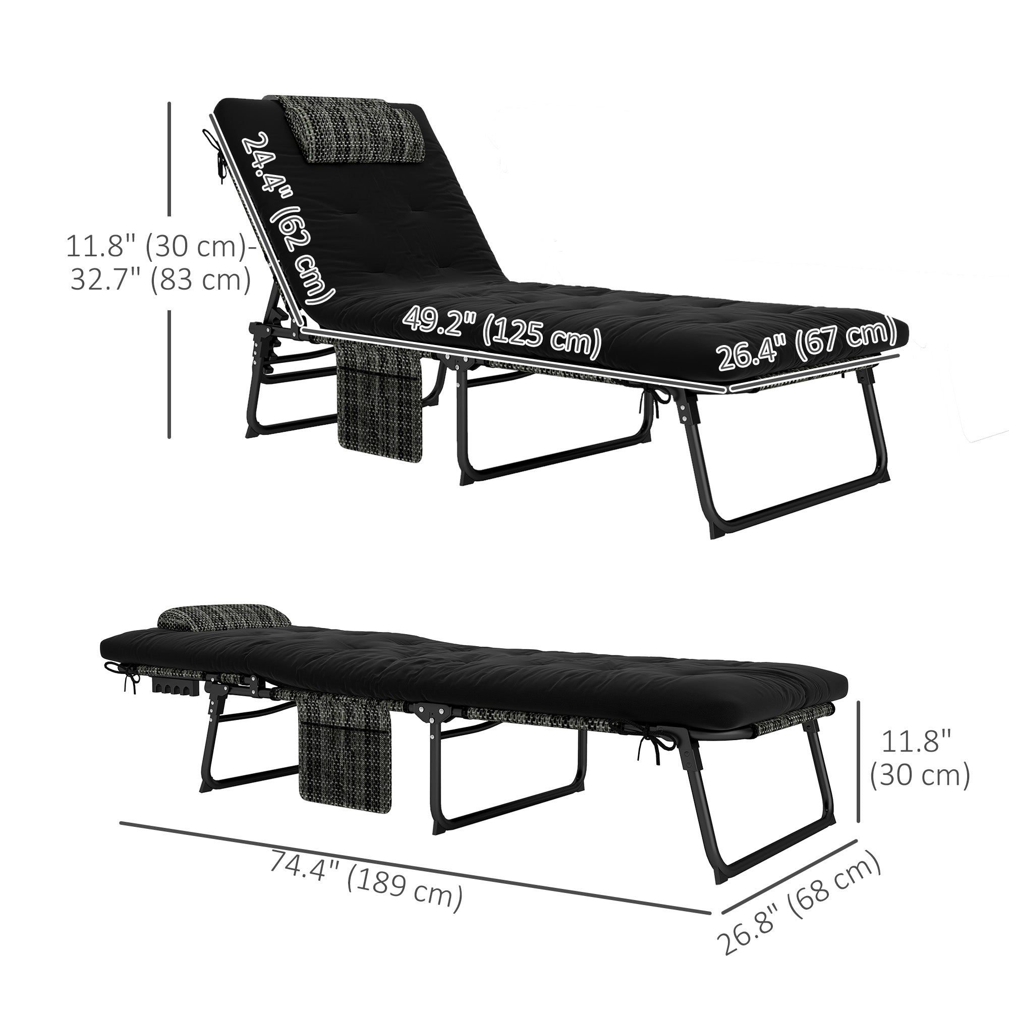 Outsunny Folding Lounge Chair with 4-level Reclining Back & Cushion, Black 