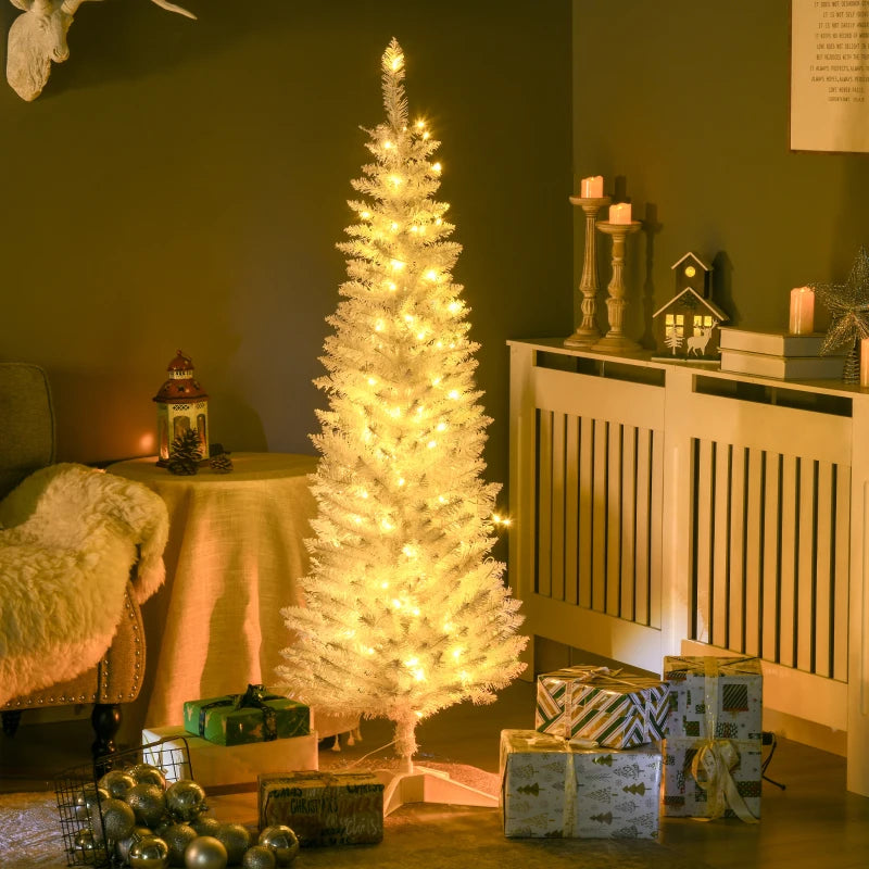 HOMCOM 5ft Pencil Christmas Tree, Slim Artificial Christmas Tree with Realistic Branches and Warm White LED Lights, White