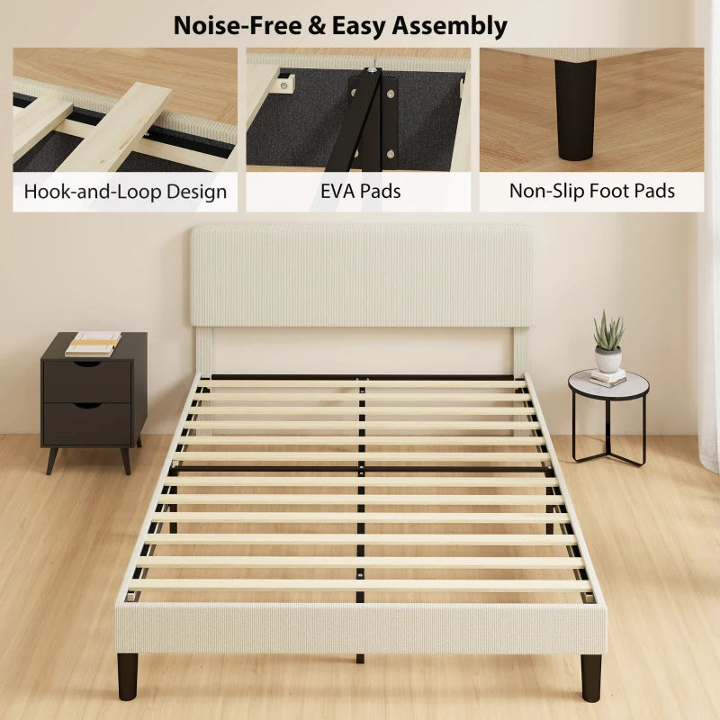 Queen Size Bed Frame with Adjustable Upholstered Headboard Platform Bed Frame Wood Slat Support Noise Free Light Grey