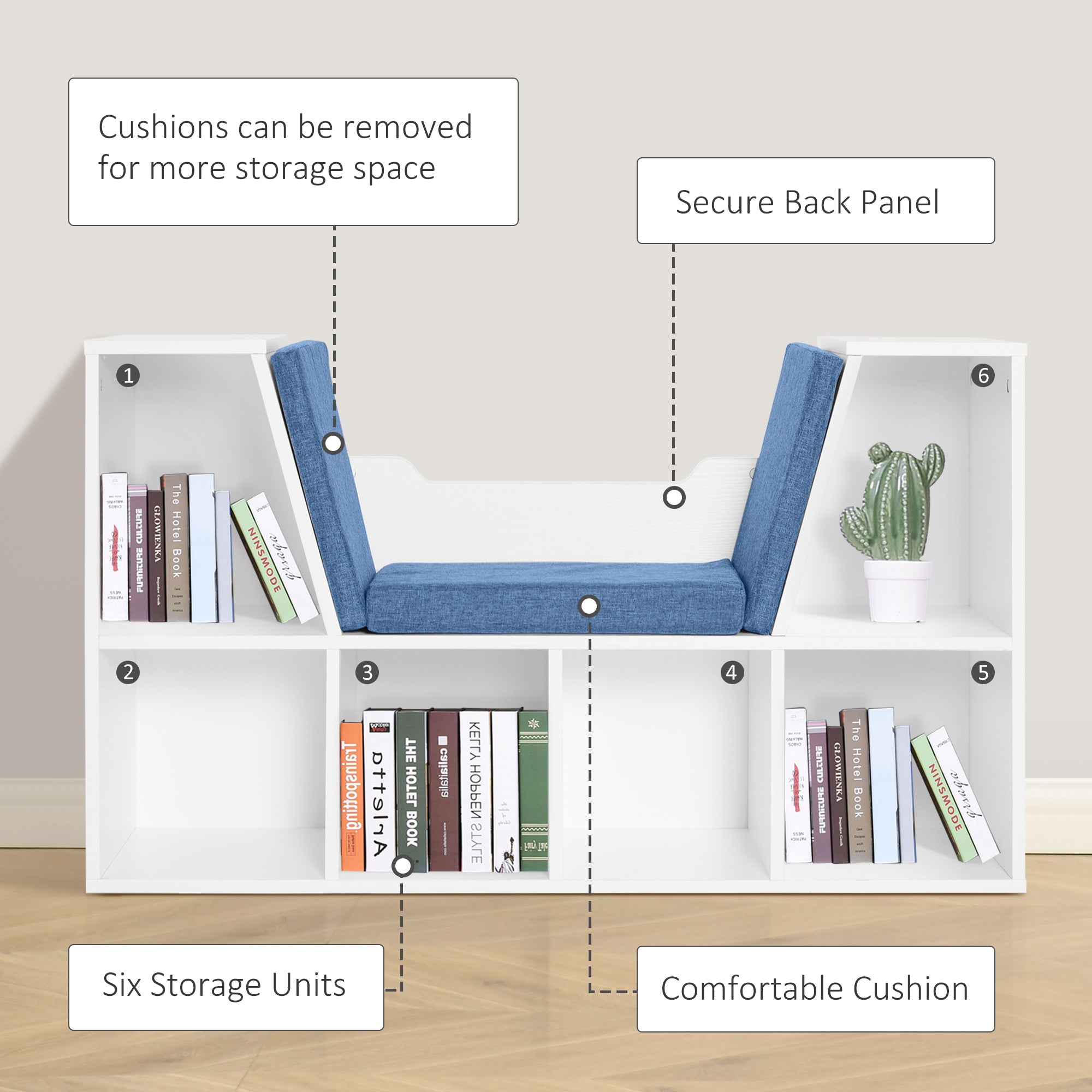 HOMCOM Kiddie Cubby Bliss: 6-Cubby Bookcase with Cushioned Reading Nook, Storage Organizer Cabinet Shelf in White & Blue 