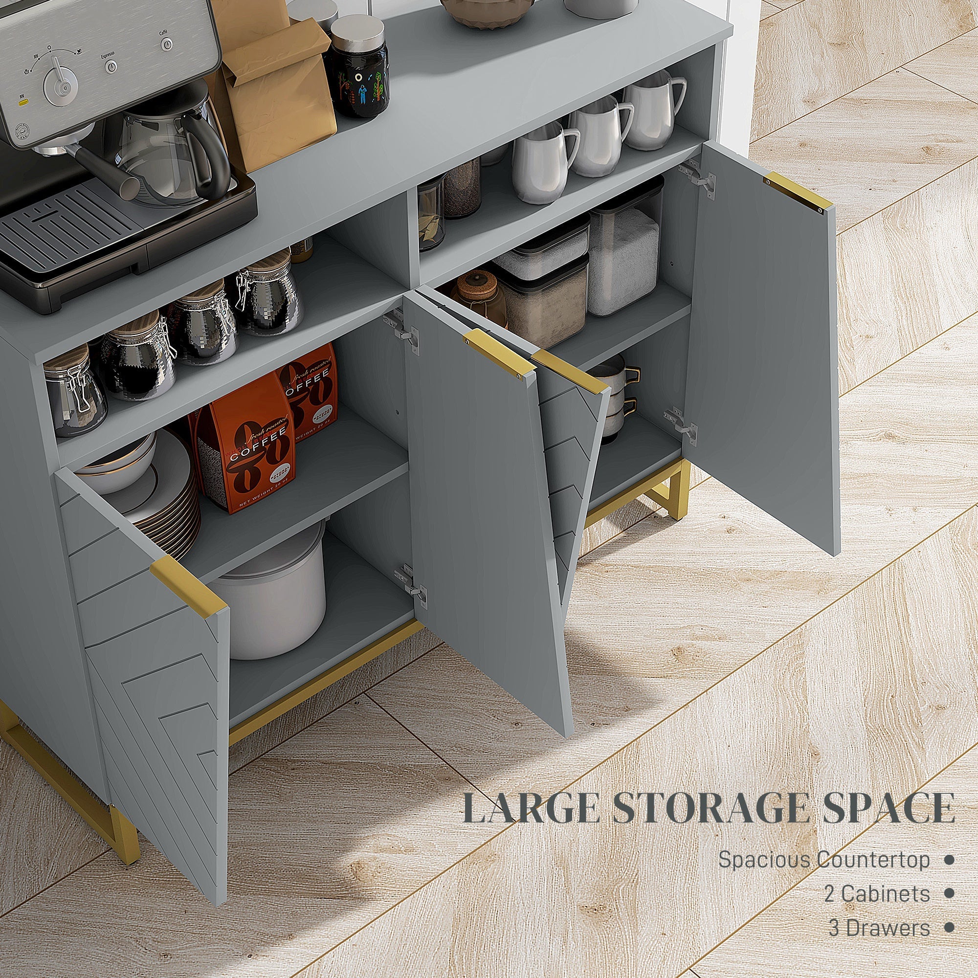 HOMCOM Grey Metal Base Accent Cabinet: Sideboard Bar Cabinet with 4 Doors and Adjustable Shelves for Living Room, Hallway 