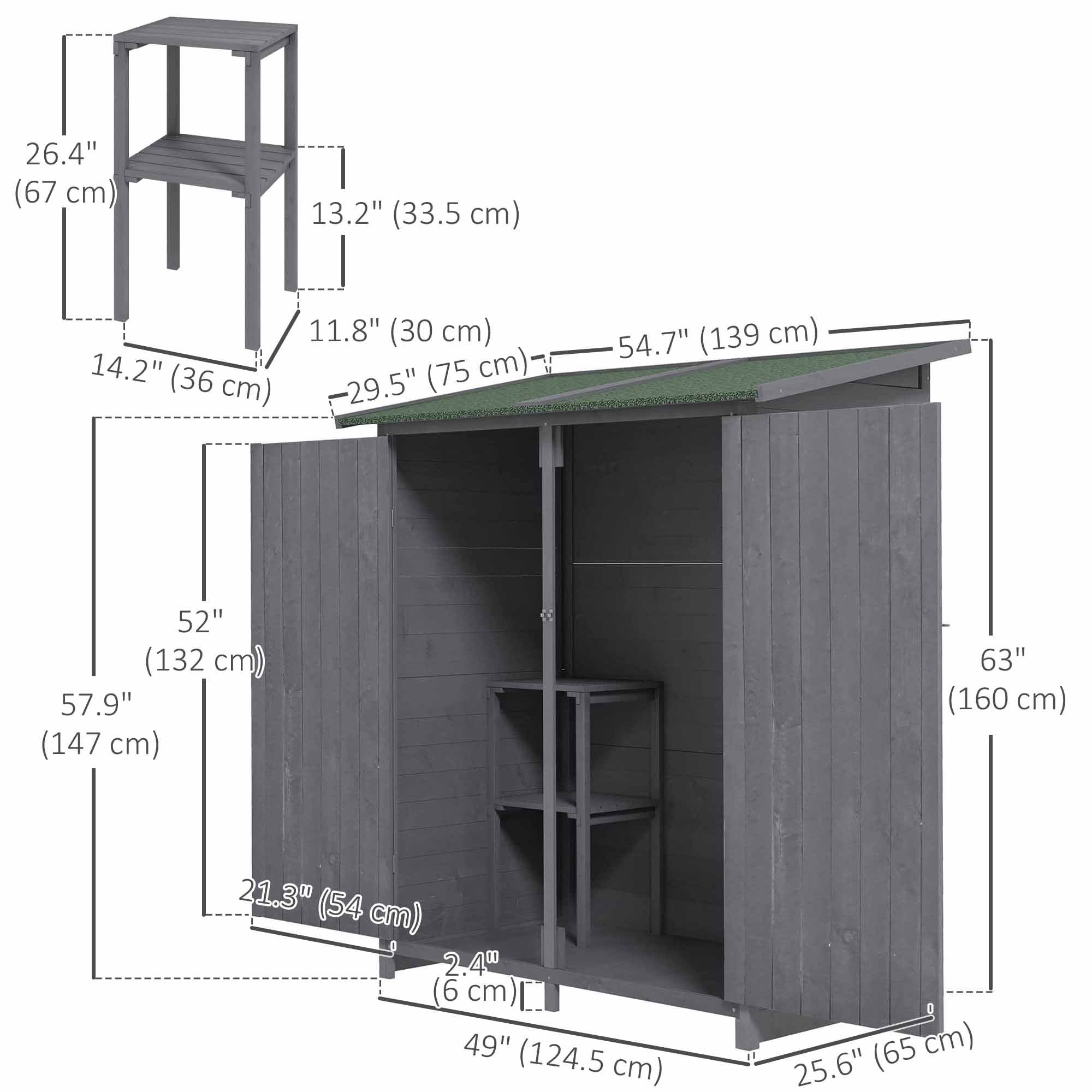 Outsunny Wooden Garden Shed Asphalt Roof Double Door Outdoor Storage Shelf Green Grey 