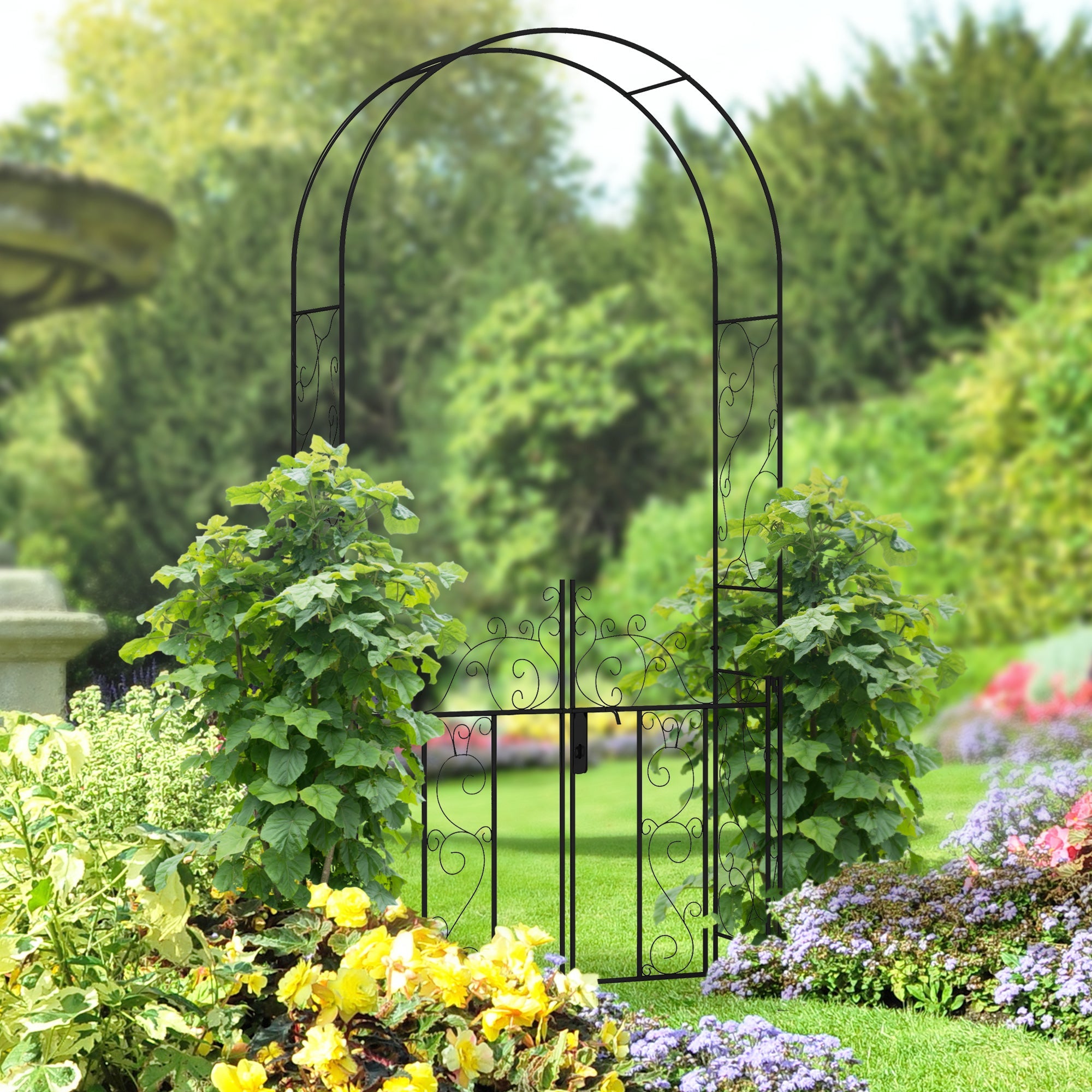 Outsunny Metal Garden Arch with Gate, Garden Arbor Trellis for Climbing Plants, Roses, Vines, Wedding Arch, Black 