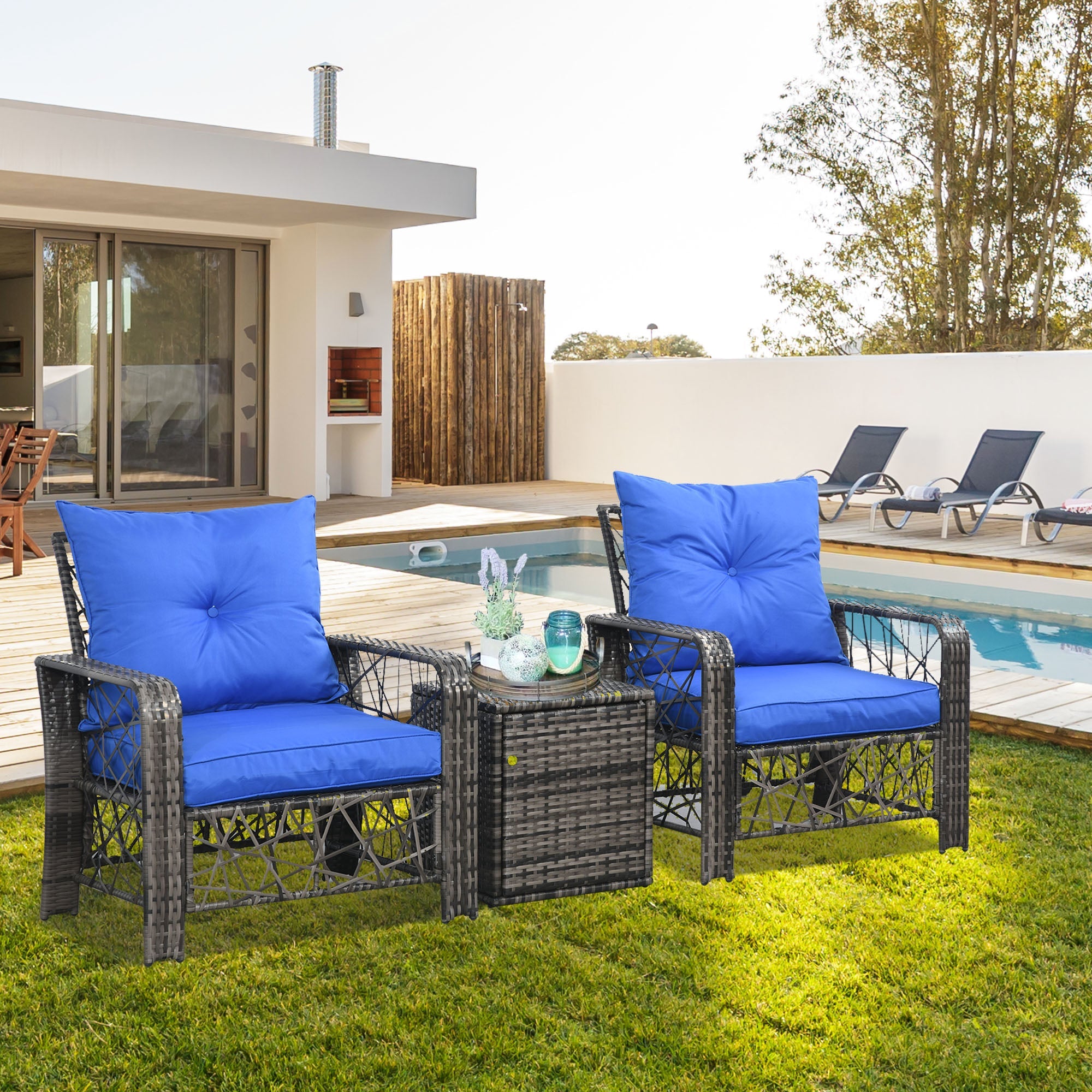 Outsunny 3 PCS Patio Wicker Coffee Table Set Bistro Conversation Furniture with Cushion & Storage Function Patio Yard Porch Blue 