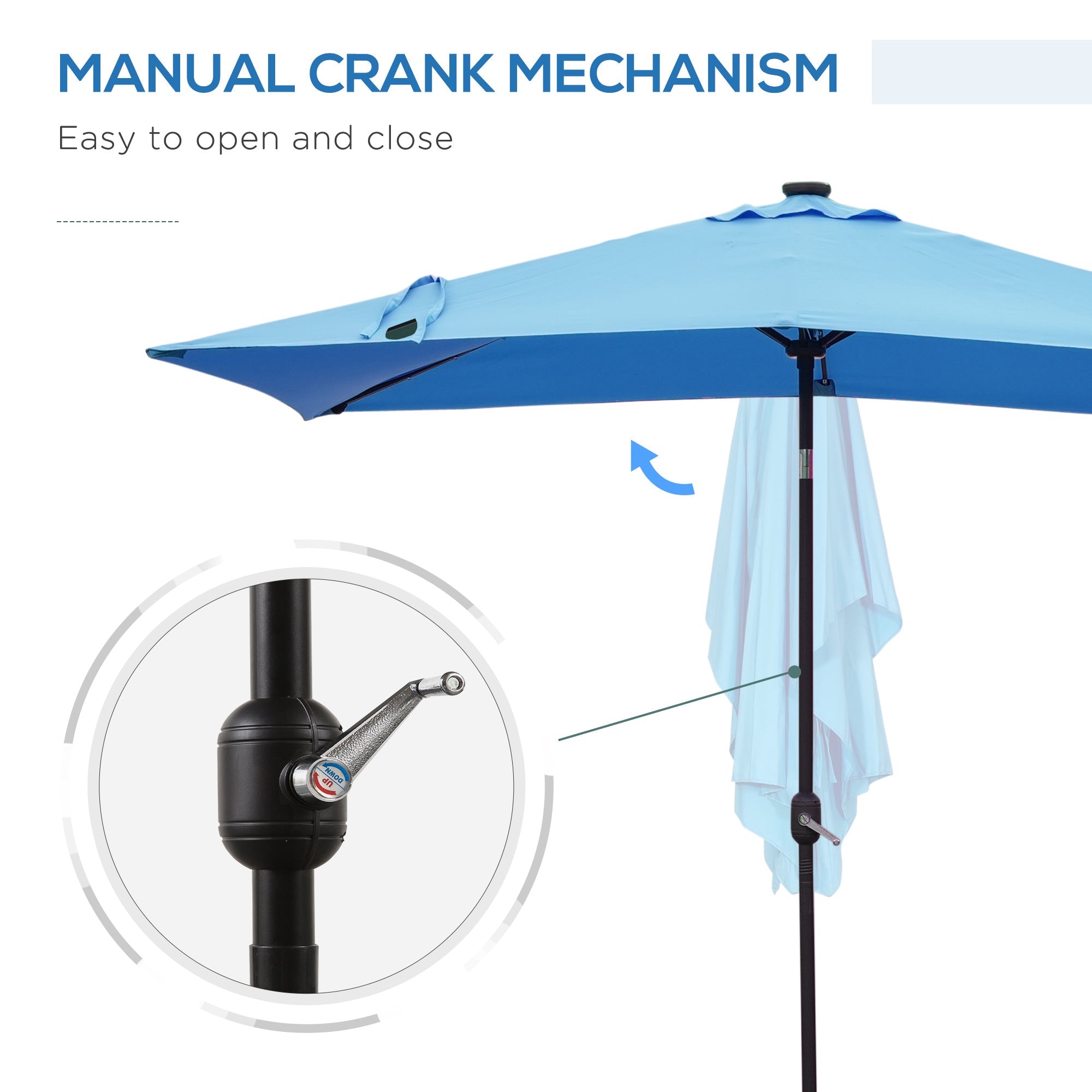Outsunny 9.7x6.2ft Solar LED Patio Umbrella: Rectangular Outdoor Shade with Tilt Feature & Crank, Light Blue 