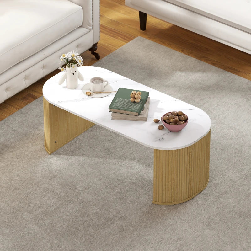 Coffee Table, Modern Marble-Effect Living Room Table with Round Corners and Thicken Legs, Natural Wood