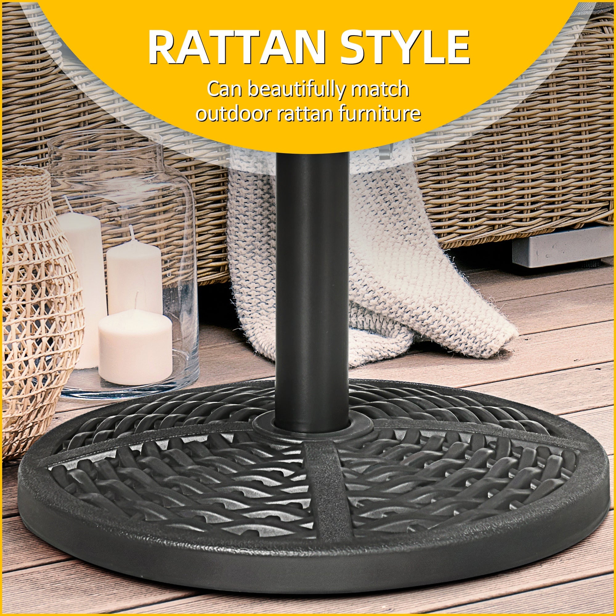 Outsunny 21lb Heavy Duty Patio Umbrella Base: 18" Round Resin Rattan Design Stand Black 
