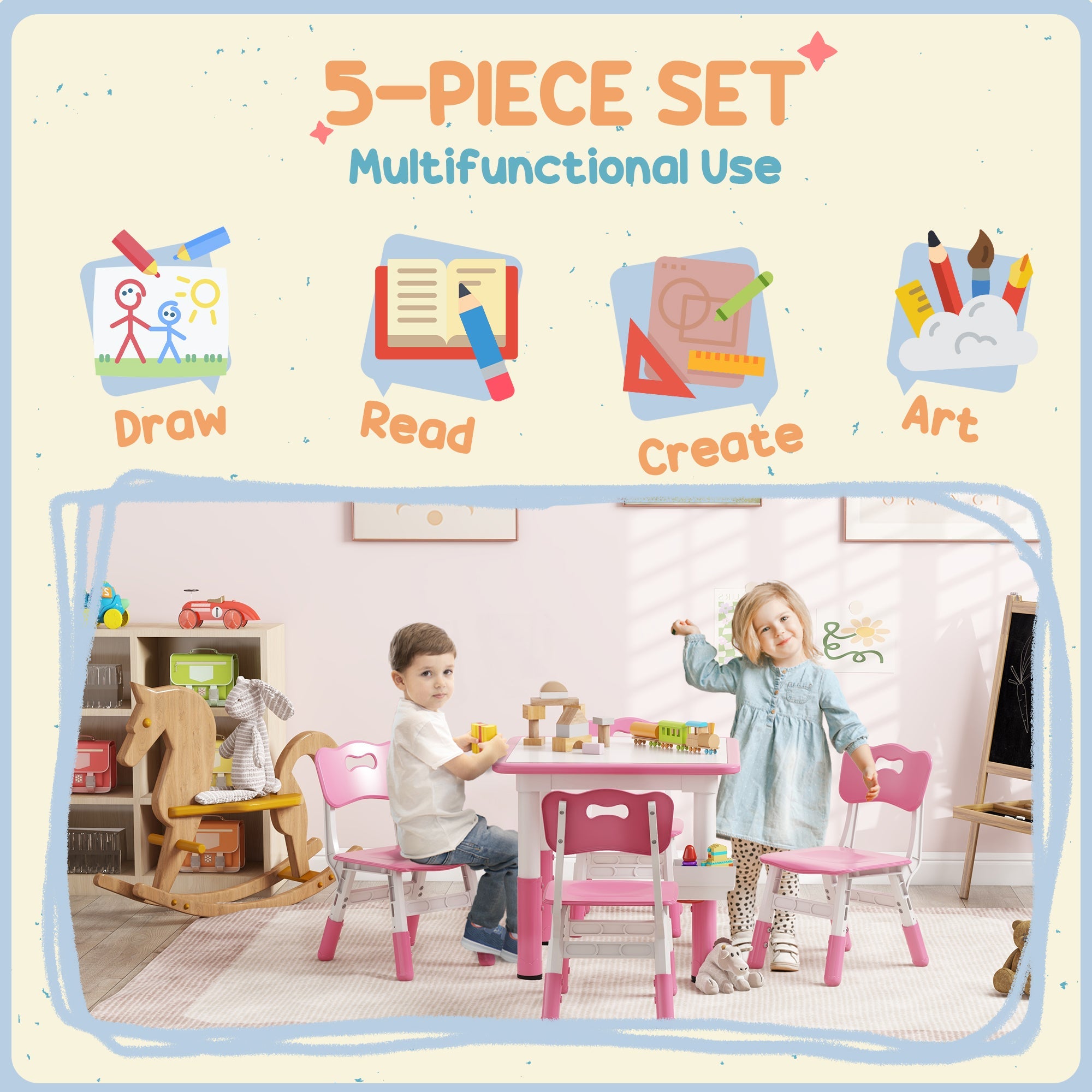 Qaba 5 Piece Toddler Table Chair Set Height Adjustable Activity Set Nursery Classroom Playroom Furniture Pink 