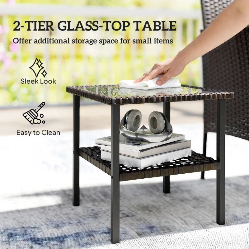 Wicker Bistro Set, 3 Piece Patio Furniture Set with 2-Tier Glass Top Table, Cushions for Balcony, Porch, Dark Grey