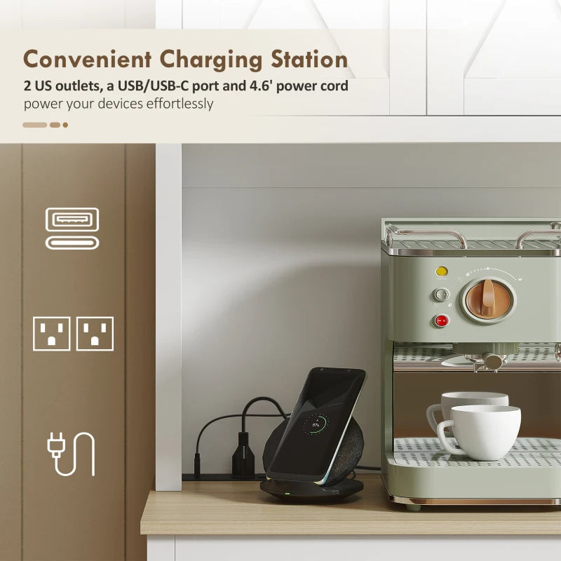 69" Pantry Cabinet with Charging Station, Kitchen Cabinet with Microwave Stand, Tilt-Out Trash Can Cabinet, White