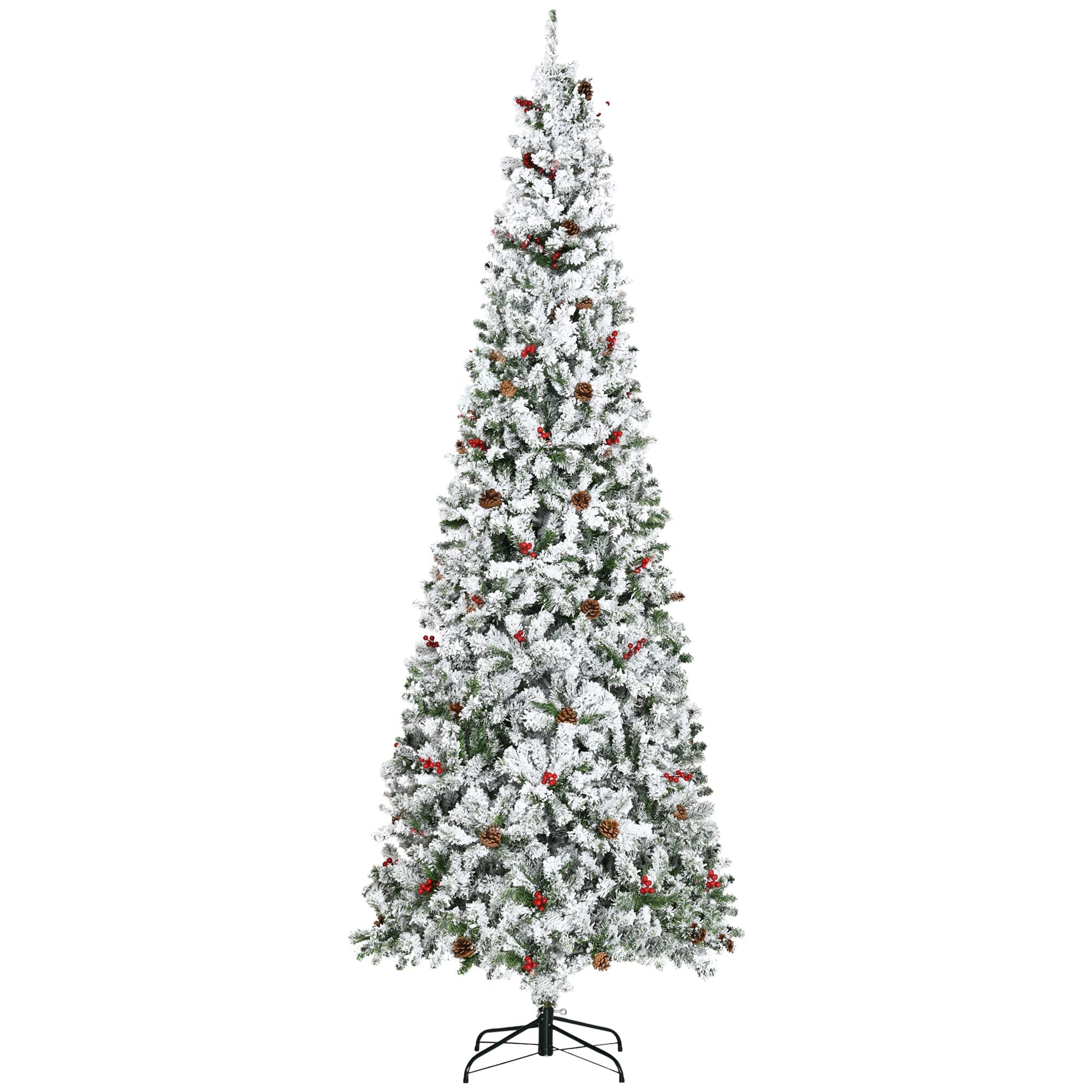 HOMCOM 9 Foot Pencil Snow Flocked Artificial Christmas Tree with 1350 Pine Realistic Branches, Pine Cones, Red Berries, Auto Open 