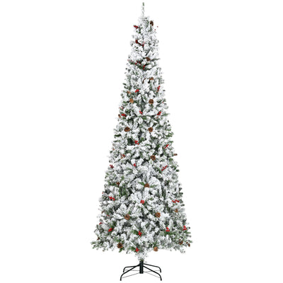 HOMCOM 9 Foot Pencil Snow Flocked Artificial Christmas Tree with 1350 Pine Realistic Branches, Pine Cones, Red Berries, Auto Open 