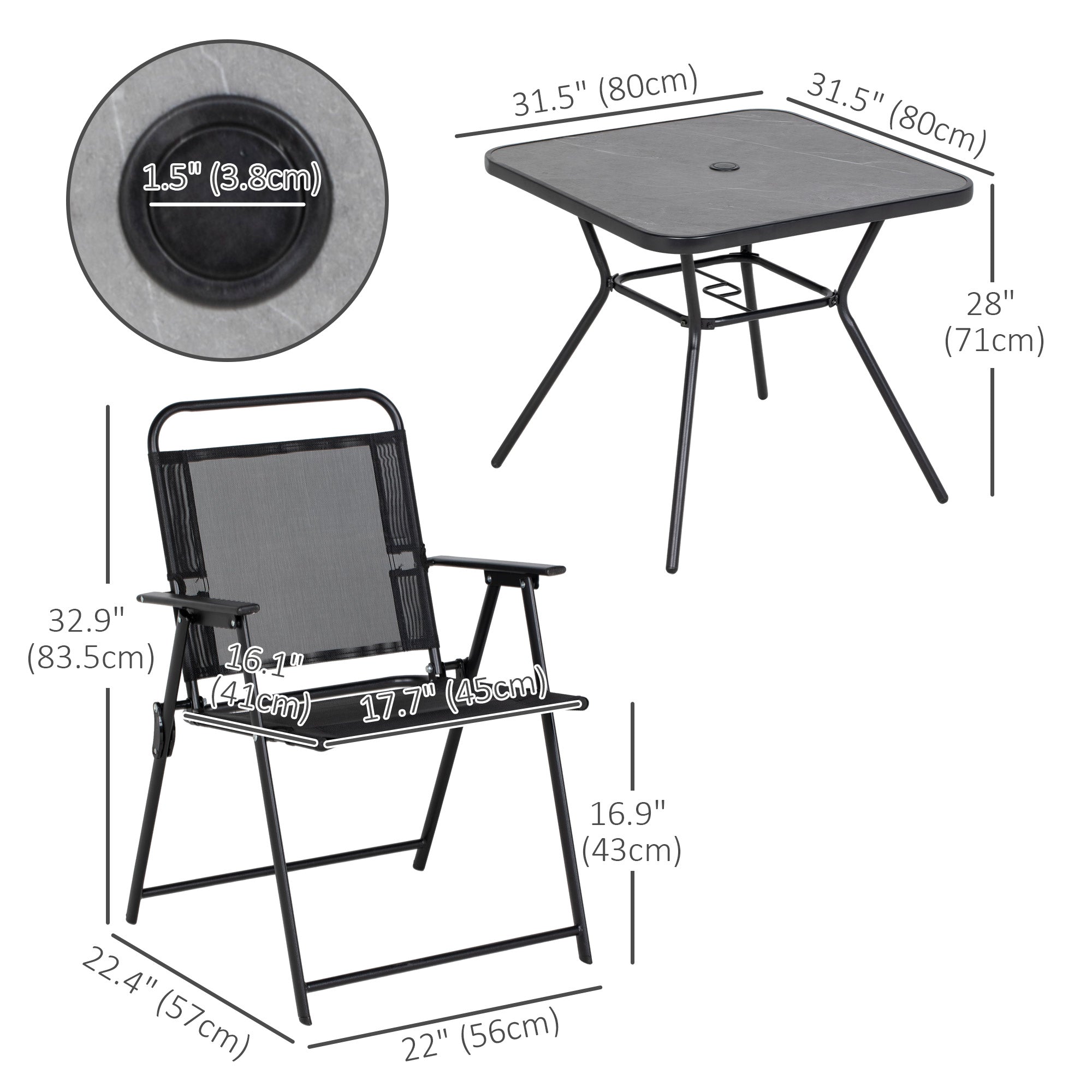 Outsunny 5-Piece Outdoor Dining Set Foldable Chairs Umbrella Hole Wood-plastic Table Mesh Seat Black 