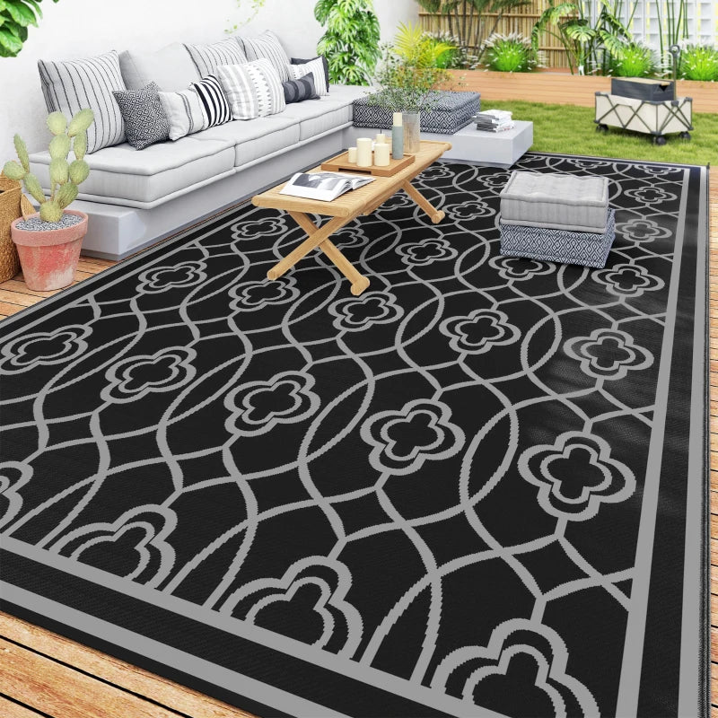 9' x 18' Outdoor RV Rug, Reversible Patio Floor Mat with Carry Bag, Lantern, Black and Grey
