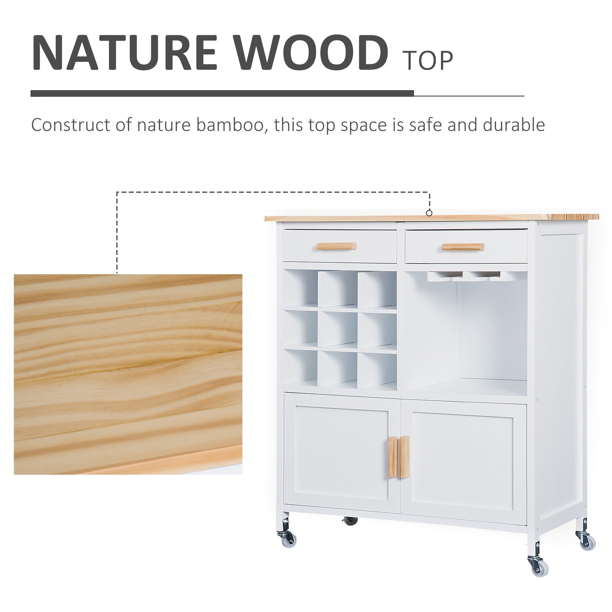 HOMCOM Kitchen Versatility: Portable Trolley with Bamboo Top, Storage Cabinet, and Wine Rack for Culinary Convenience 