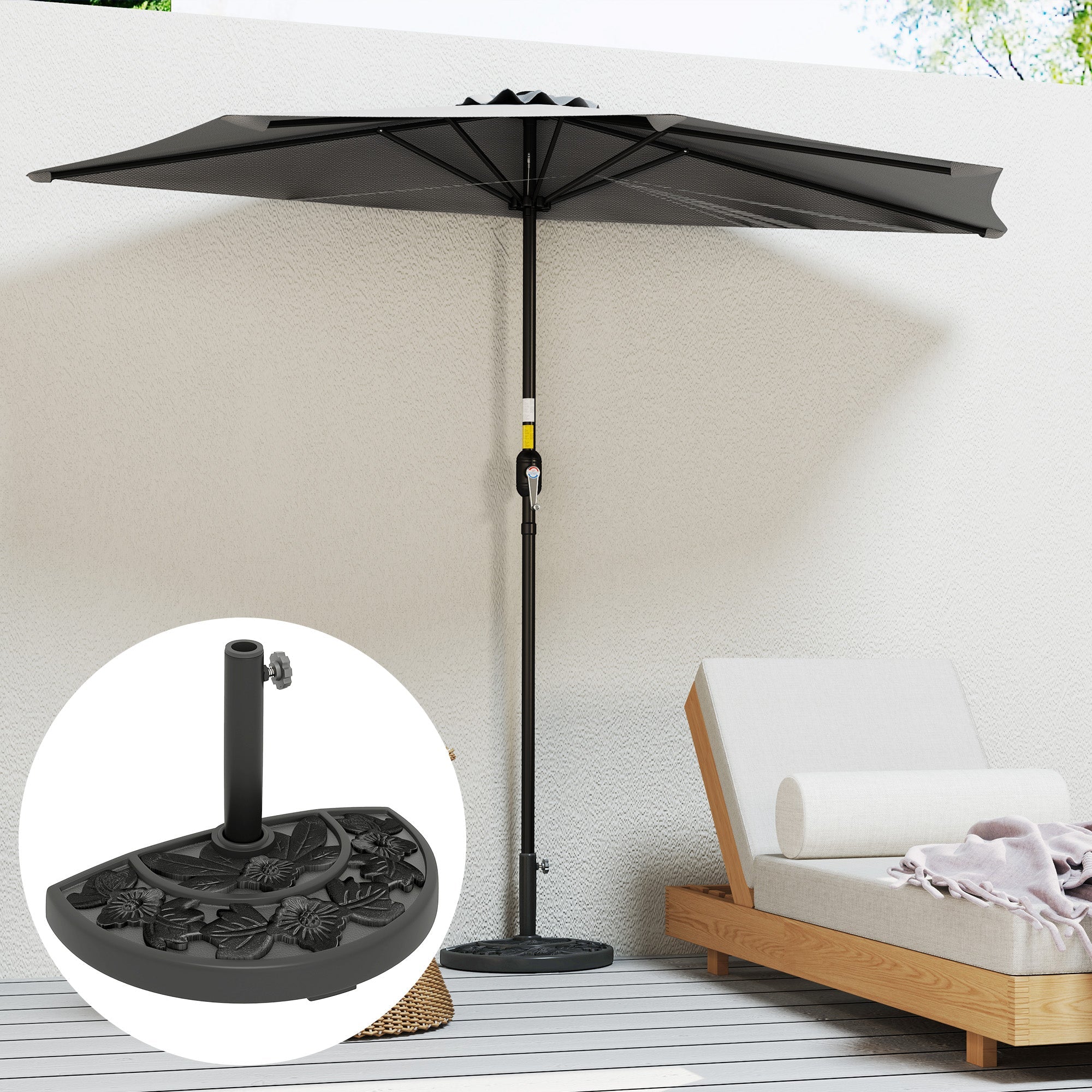 Outsunny Half Umbrella Base, 21 lbs Concrete Half Umbrella Stand Outdoor Umbrella Base with Flower-Leaf Design, Patio Umbrella Stand for Outdoor Lawn Poolside, Black 
