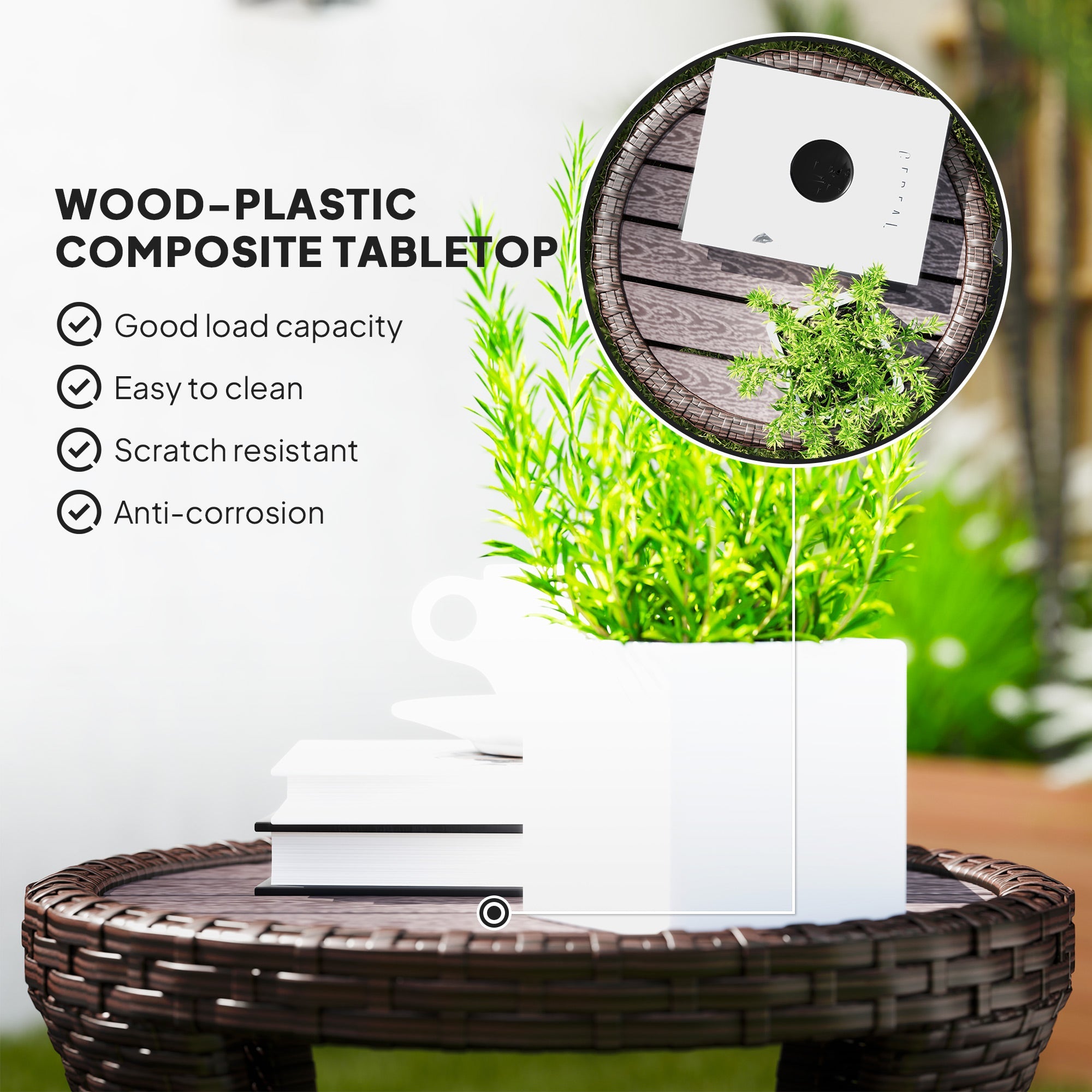 Outsunny 18" Wicker Outdoor Coffee Table, PE Rattan Patio Side Table with 2-Tier Storage, Composite Wood Top, Brown 
