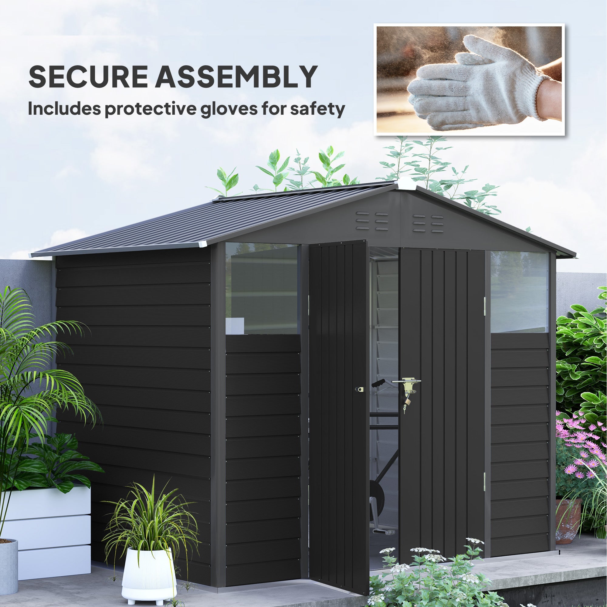 Outsunny 8' x 6' Outdoor Storage Shed, Metal Garden Shed with 2 Windows, 4 Vents, Lockable Doors and Gloves, Dark Grey 