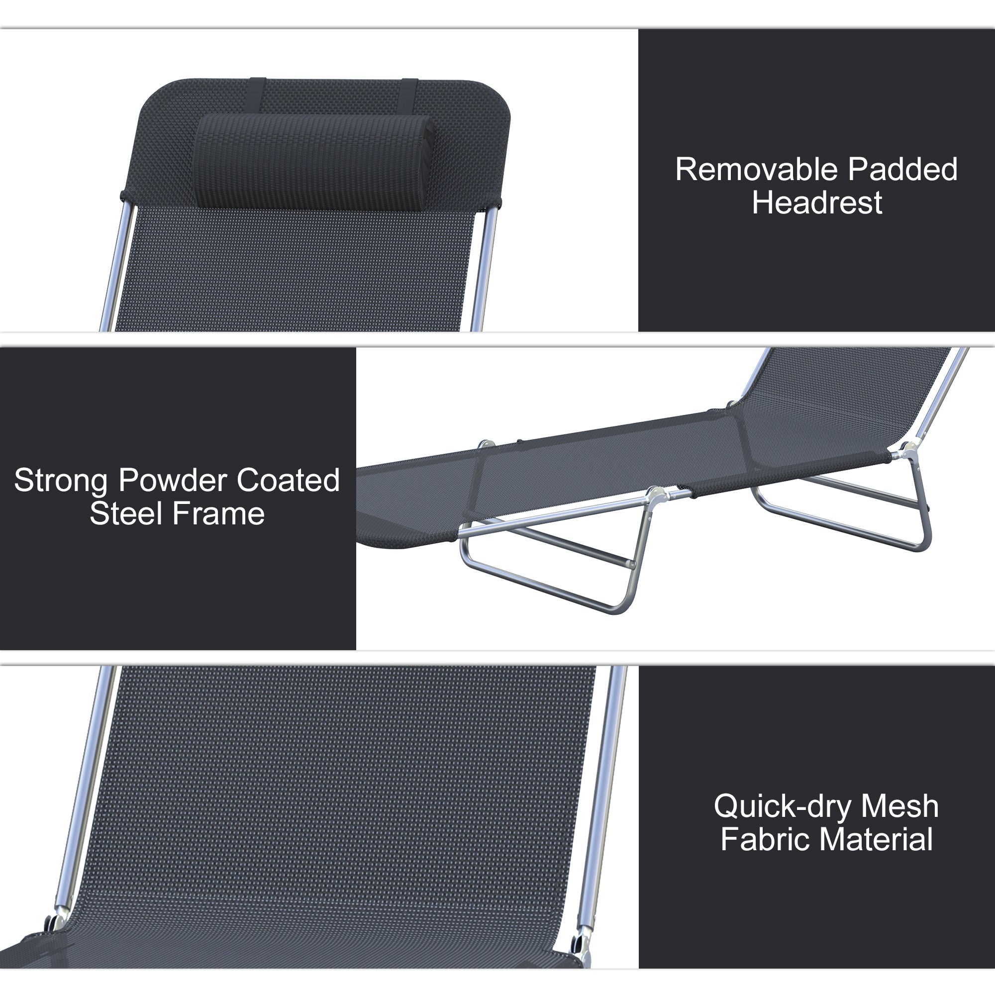 Outsunny Folding Reclining Chair Portable Garden Chaise Lounge Adjustable Outdoor Camping Beach Bed with Pillow Black 