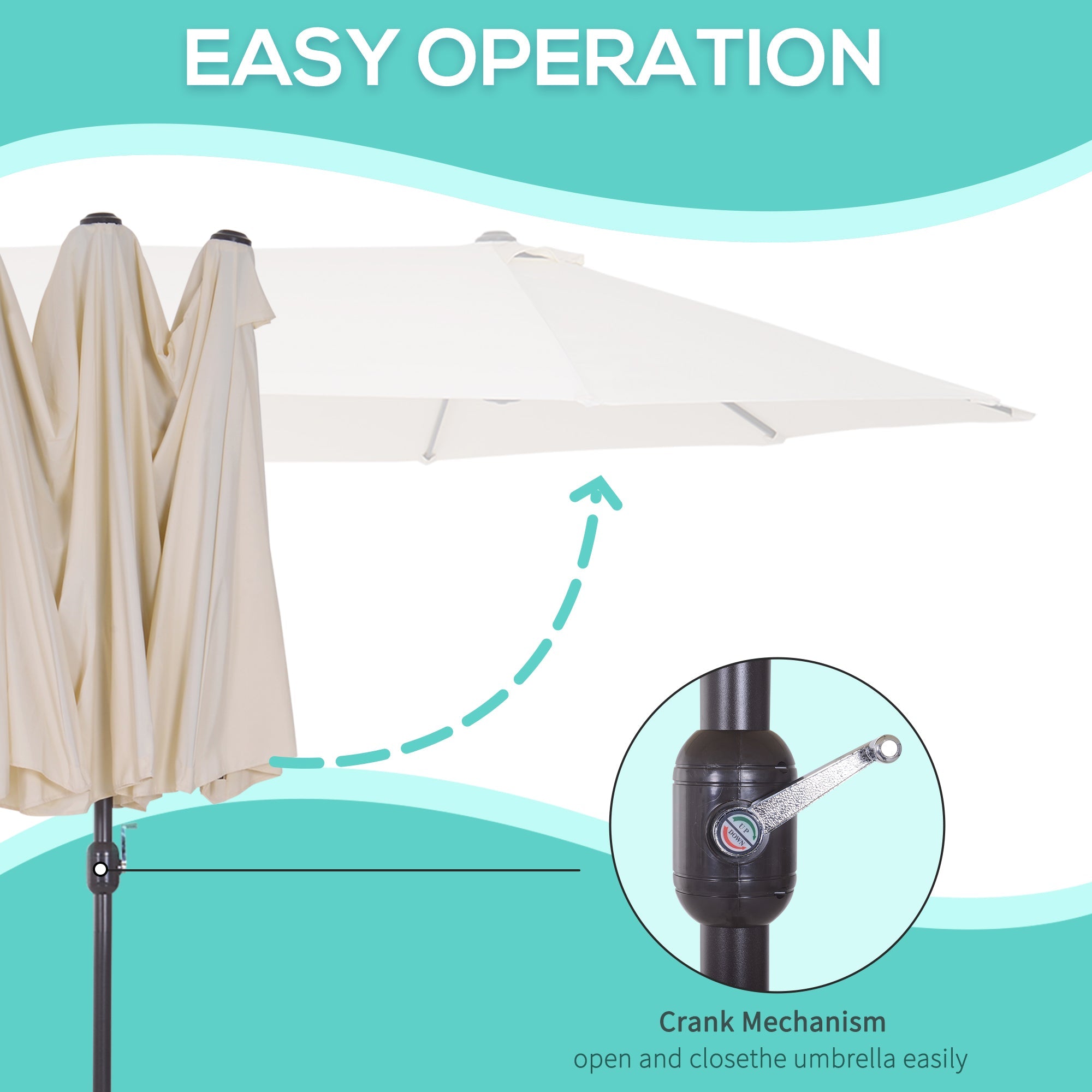 Outsunny 15ft Beige Twin Canopy Patio Umbrella Outdoor Sunshade with Steel Table Lift Crank for Spacious Shade 