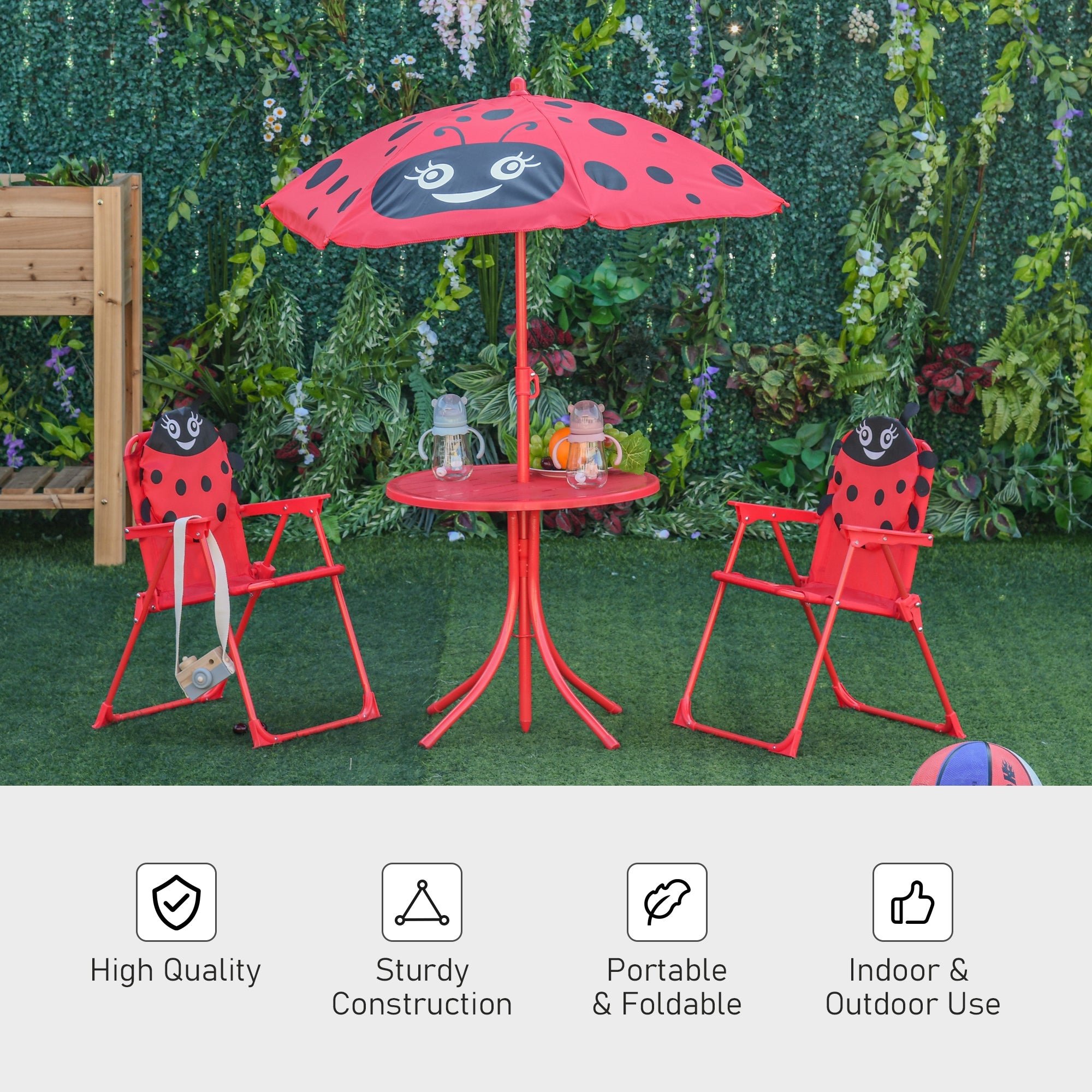 Outsunny Kids Picnic Table and Kids Picnic Chair Set Ladybug Pattern Outdoor Garden Patio Backyard with Removable Sun Umbrella Red 