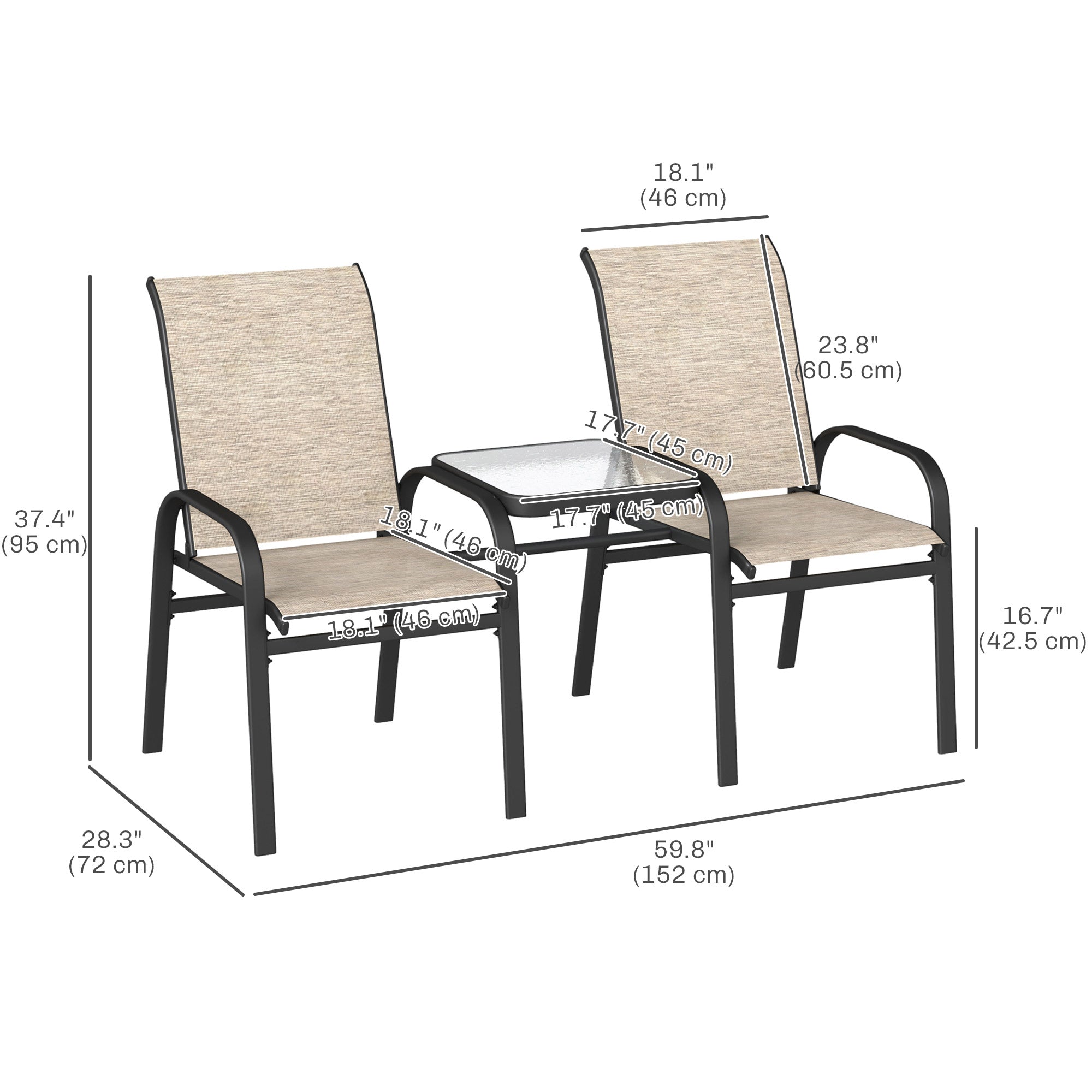 Outsunny Outdoor Loveseat with Glass Table, Garden Patio Bench with Breathable Mesh Seat, High Back, Armrests, Brown 