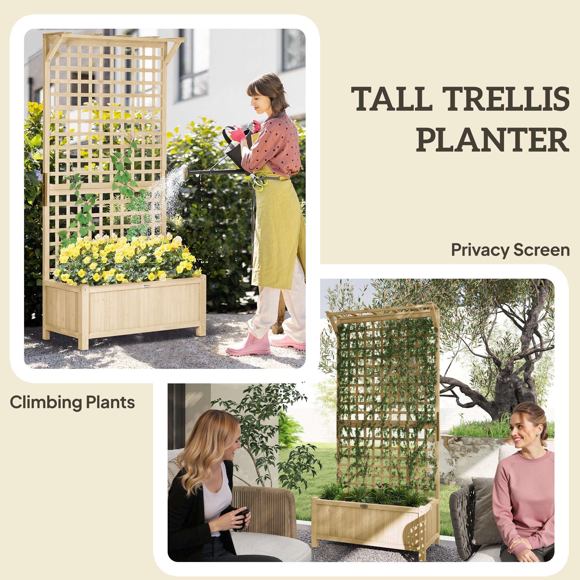 Outsunny Wood Planter with Trellis for Vine Climbing, Raised Garden Bed, Privacy Screen for Backyard, Patio, Deck, Natural Wood 