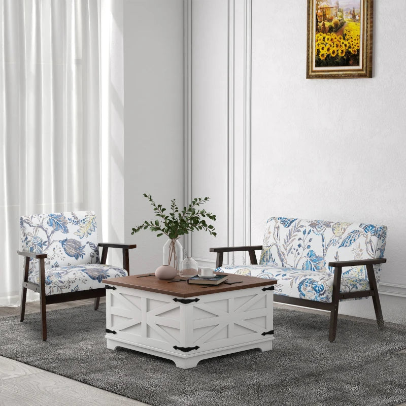 Farmhouse Coffee Table, Square Center Table with Flip-top Lids, Hidden Storage Compartment, White