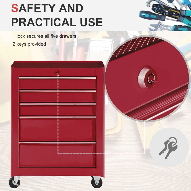 5-Drawer Rolling Tool Cabinet on Wheels, Lockable Tool Chest, Tool Organizer for Garage, Factory and Workshop, Red
