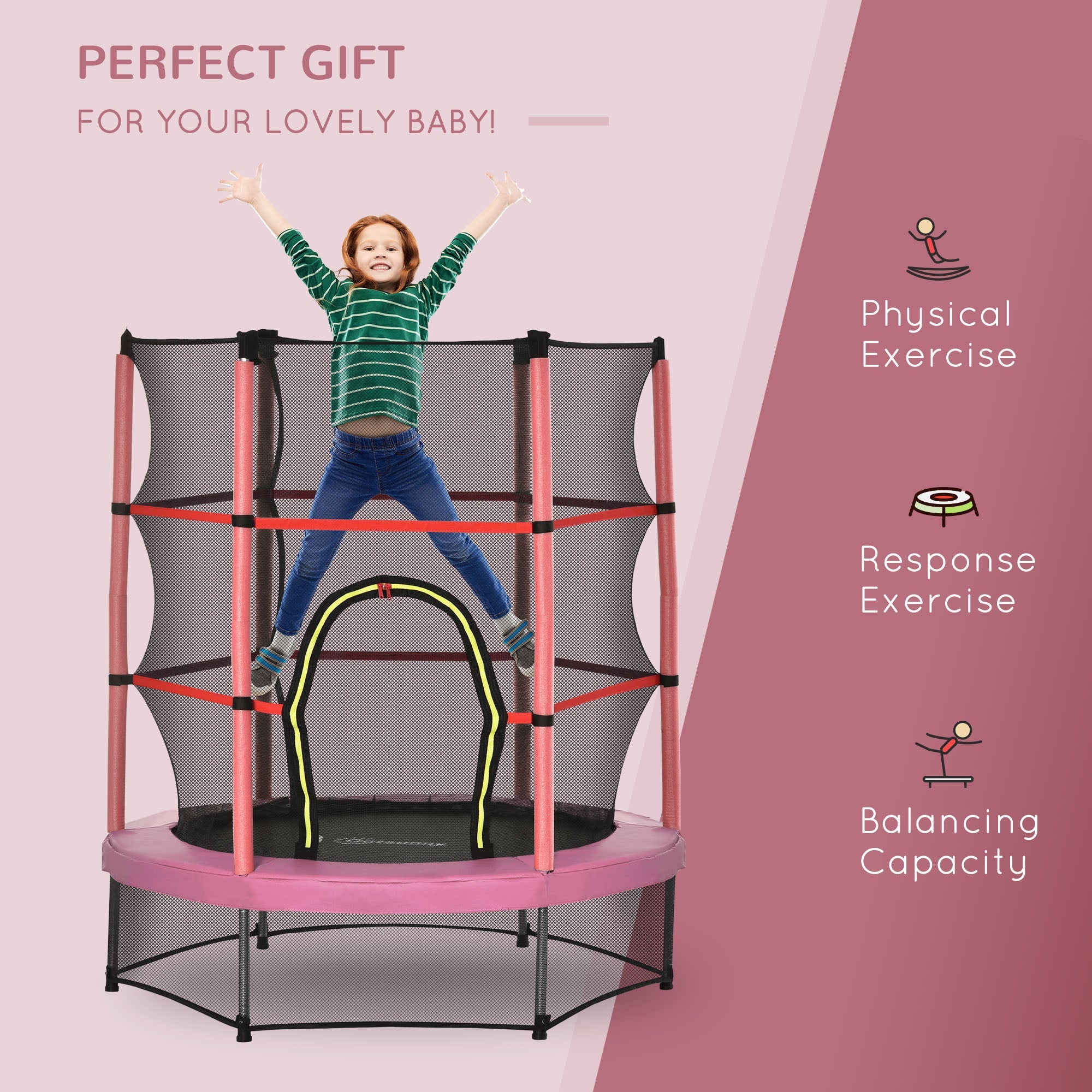 Outsunny 55" Kids Trampoline with Enclosure Net for Indoor/Outdoor, Trampoline for Boys and Girls Age 3-6 Years, Pink 