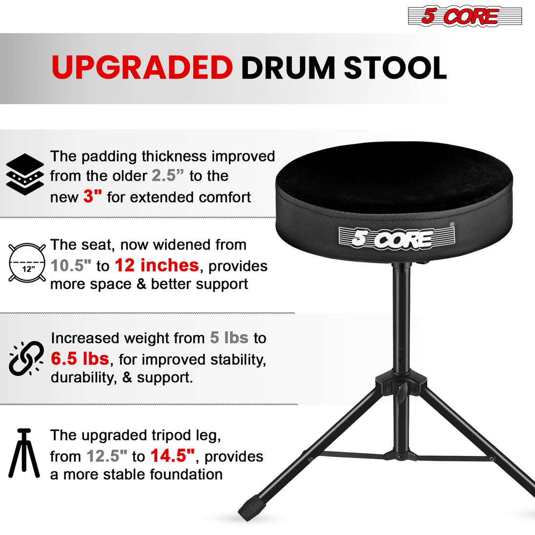 5Core Drum Throne Adjustable Guitar Stool Padded Drummer Seat for Adults & Kids VELVET BLACK