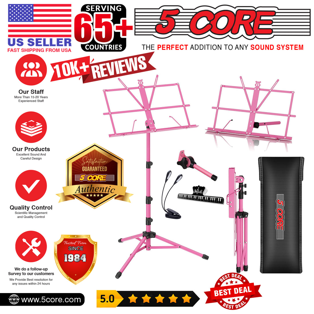 5Core Music Stand For Sheet Music Portable Tripod Adjustable Folding Note Holder With Light PINK