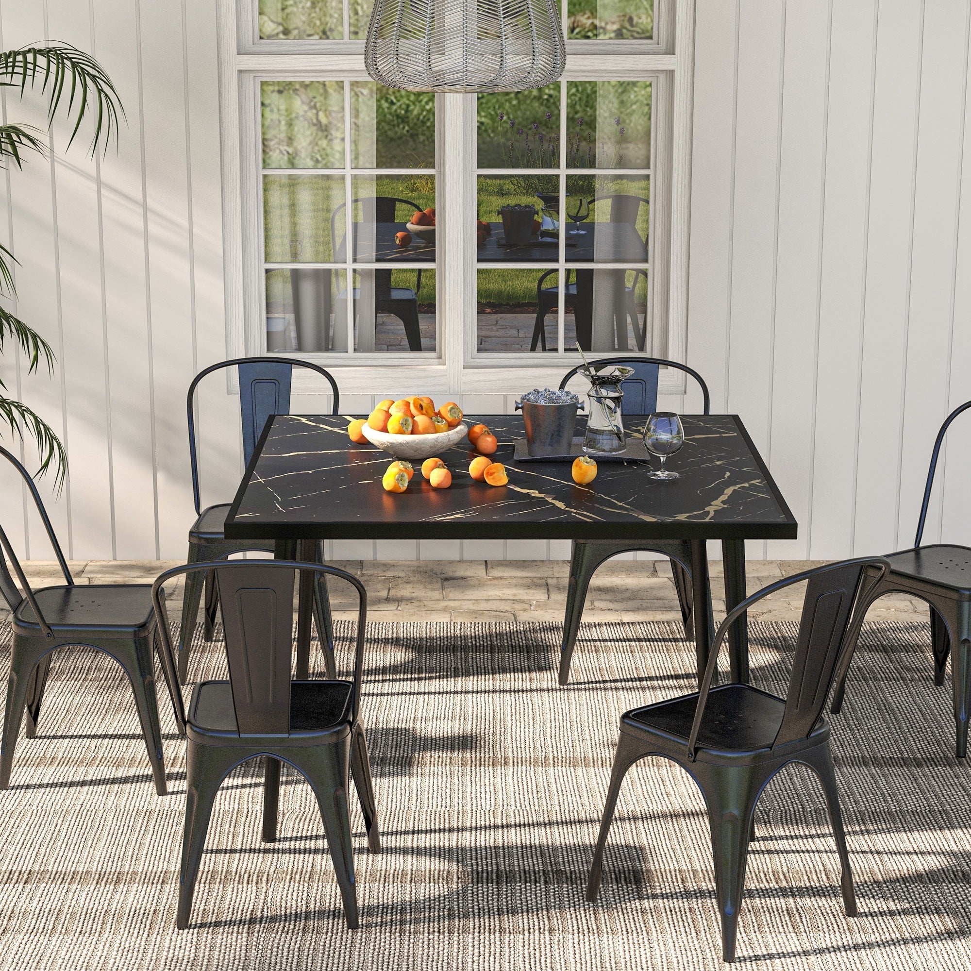 Outsunny Outdoor Dining Table for 4, Square Patio Dining Table with Marble Effect Tempered Glass Top and Steel Frame, Black 