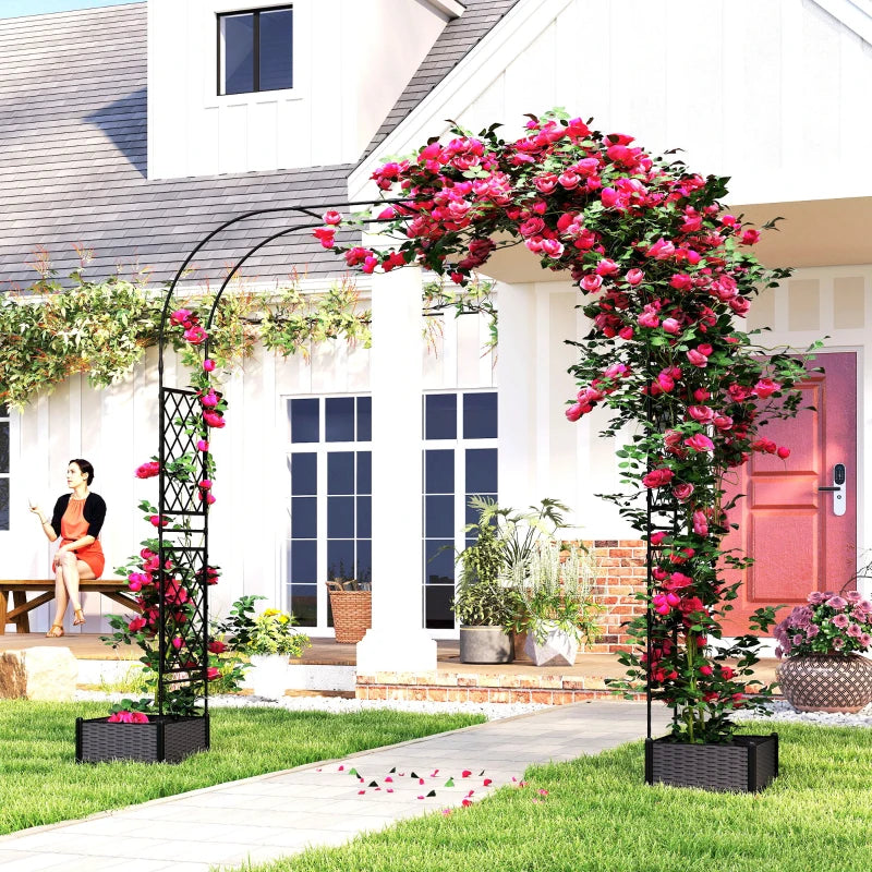 Garden Arch Outdoor Trellis Arbor with 2 Planter Boxes, 109.4" x 15.7" x 86.6", Black