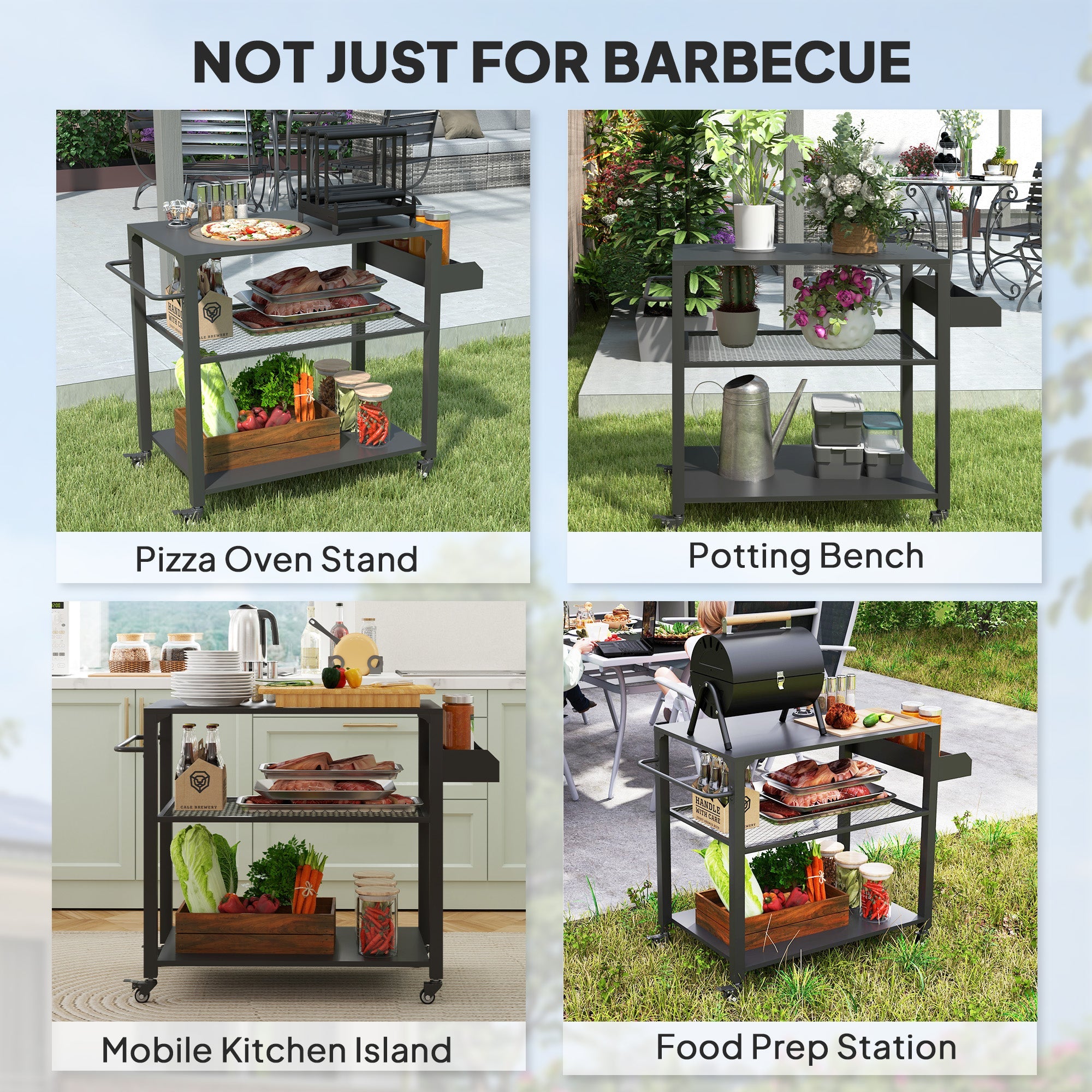 Outsunny 3-Tier Outdoor Grill Dining Cart with Storage Rack, Pizza Oven Stand with Side Handle, 4 Wheels for Backyard Party 