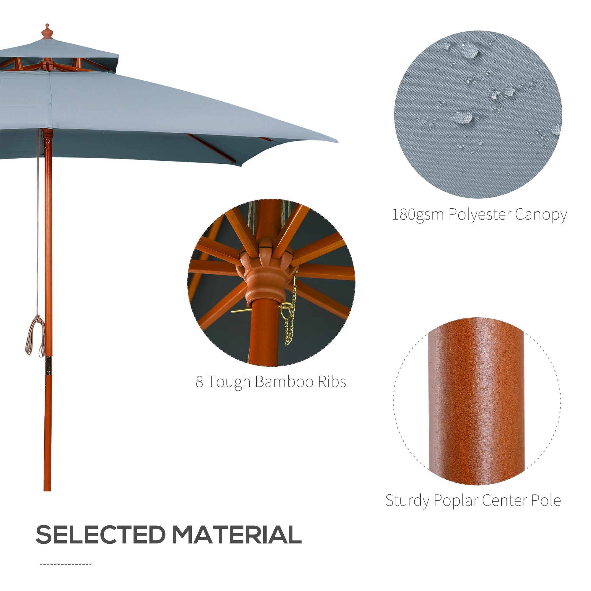 Outsunny 10x10ft Garden Market Parasol Wood Square Patio Umbrella Sunshade Canopy with 2 Pulley Pagoda Style Dark Grey 