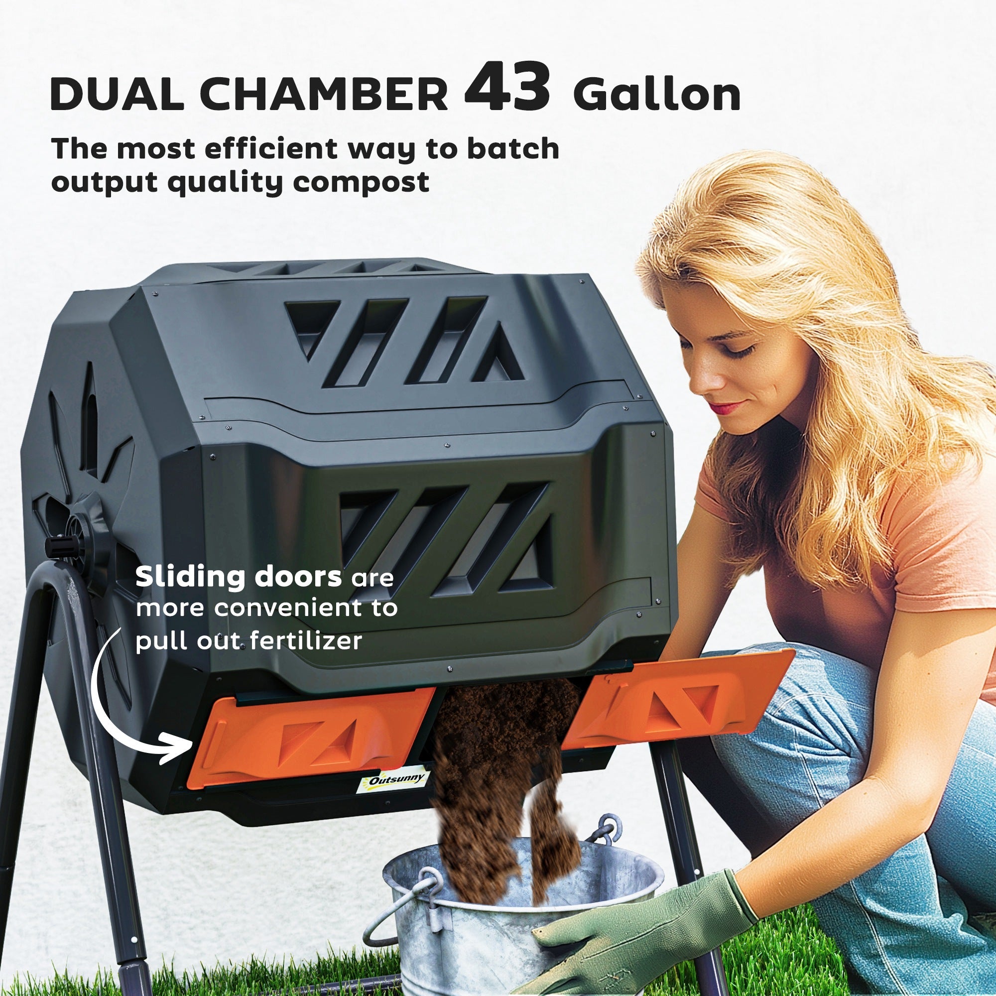 Outsunny Tumbling Compost Bin Outdoor Dual Chamber 360° Rotating Composter 43 Gallon with Sliding Doors, Orange 